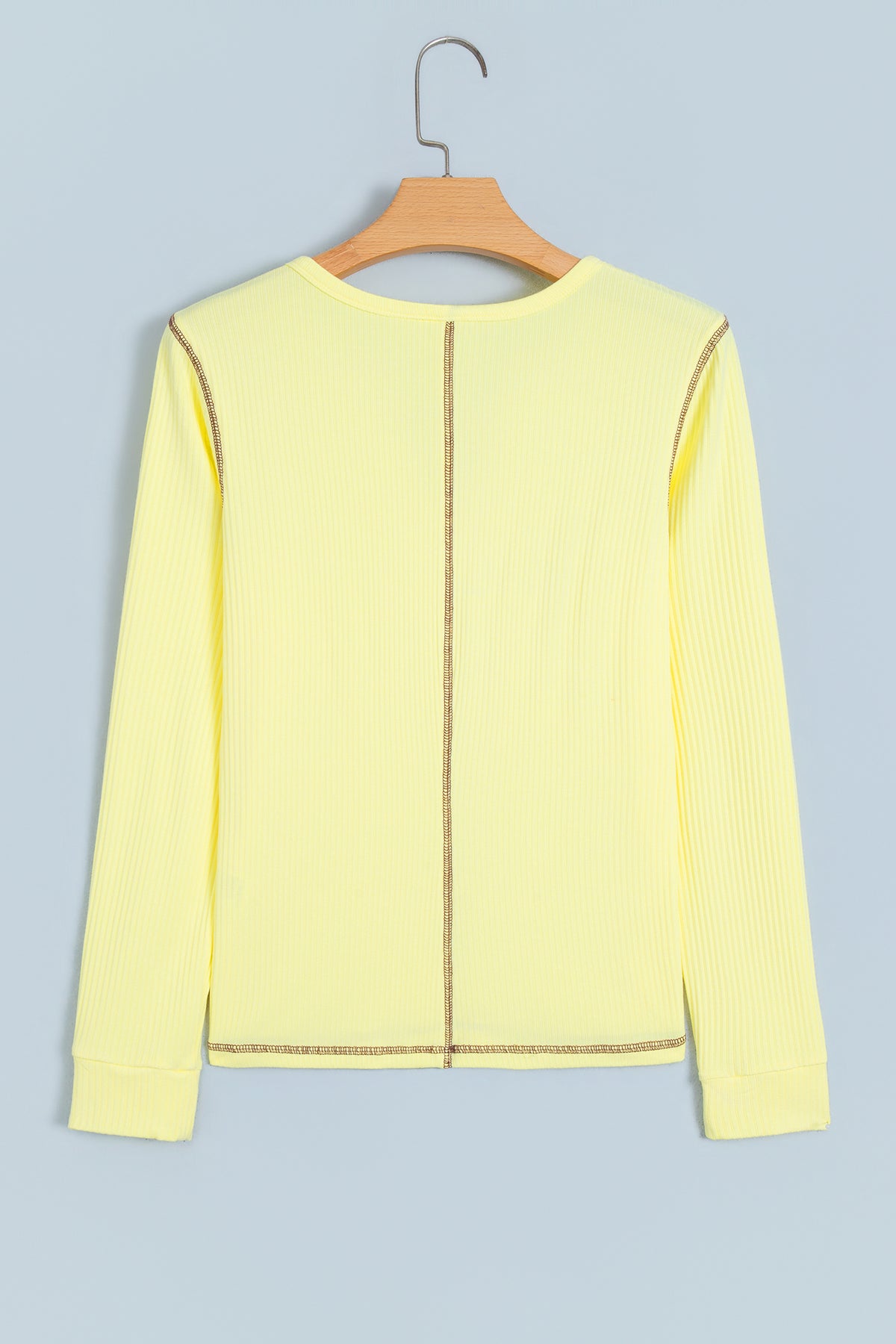 Banana Cream V Neck Ribbed Stitched Detail Long Sleeve Top-Tops/Long Sleeve Tops-[Adult]-[Female]-2022 Online Blue Zone Planet