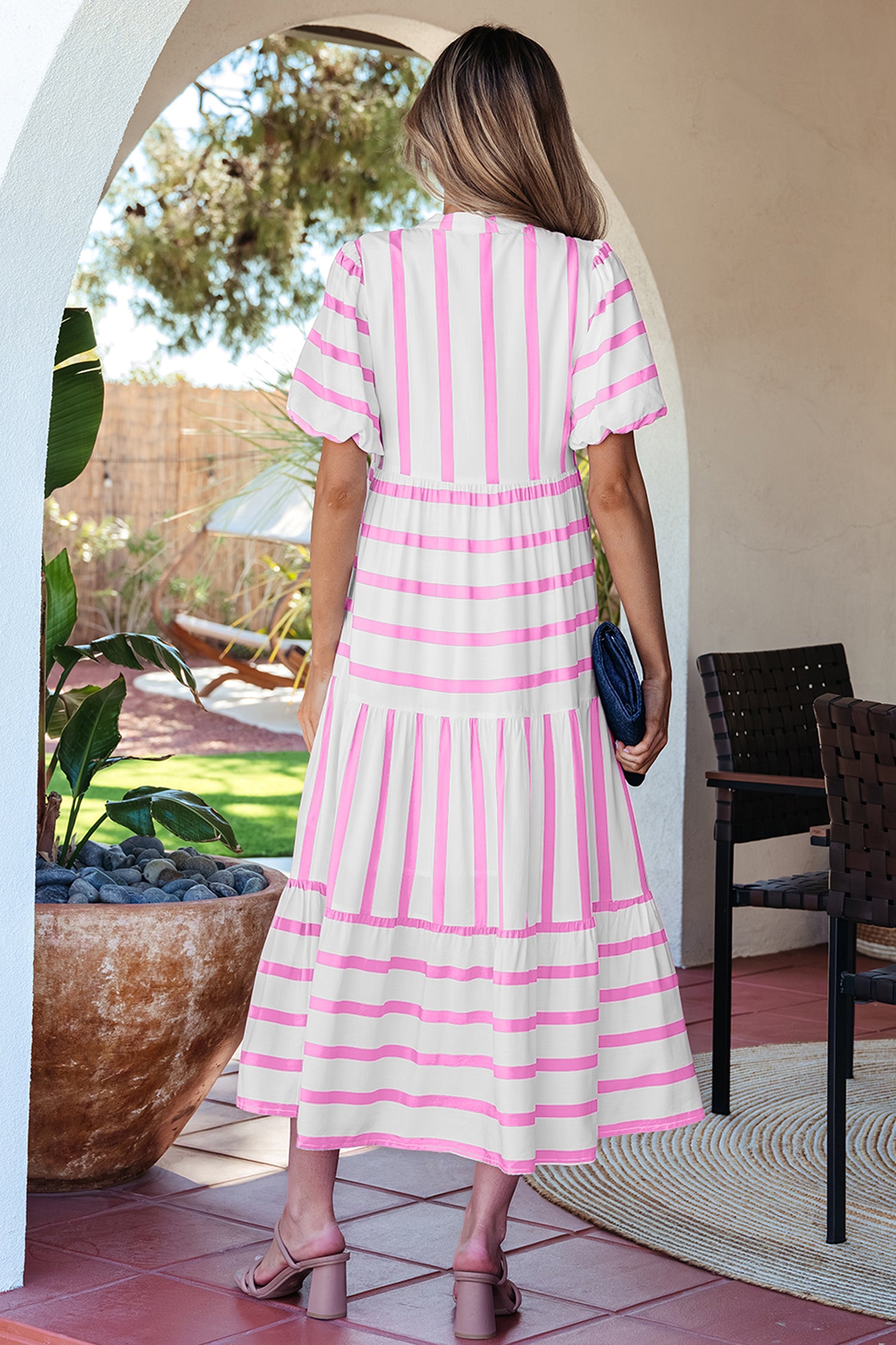 Pink Stripe Ricrac Trim Notched Neck Half Sleeve Vacation Dress-TOPS / DRESSES-[Adult]-[Female]-2022 Online Blue Zone Planet