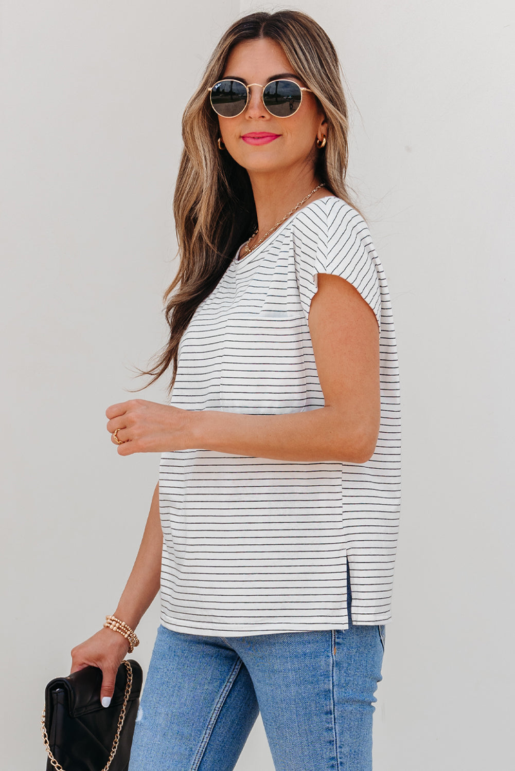White Stripe Cap Sleeve Crew Neck Casual Tee with Chest Pocket-Tops/Tops & Tees-[Adult]-[Female]-2022 Online Blue Zone Planet