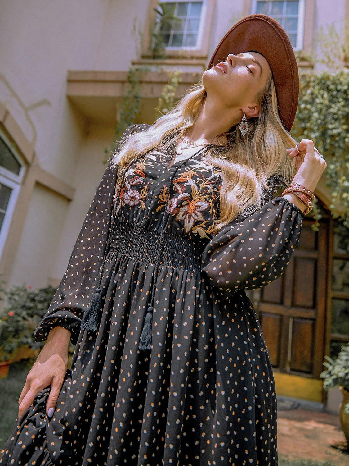 Embroidered Polka Dot Tie Neck Long Sleeve Midi Dress-TOPS / DRESSES-[Adult]-[Female]-2022 Online Blue Zone Planet