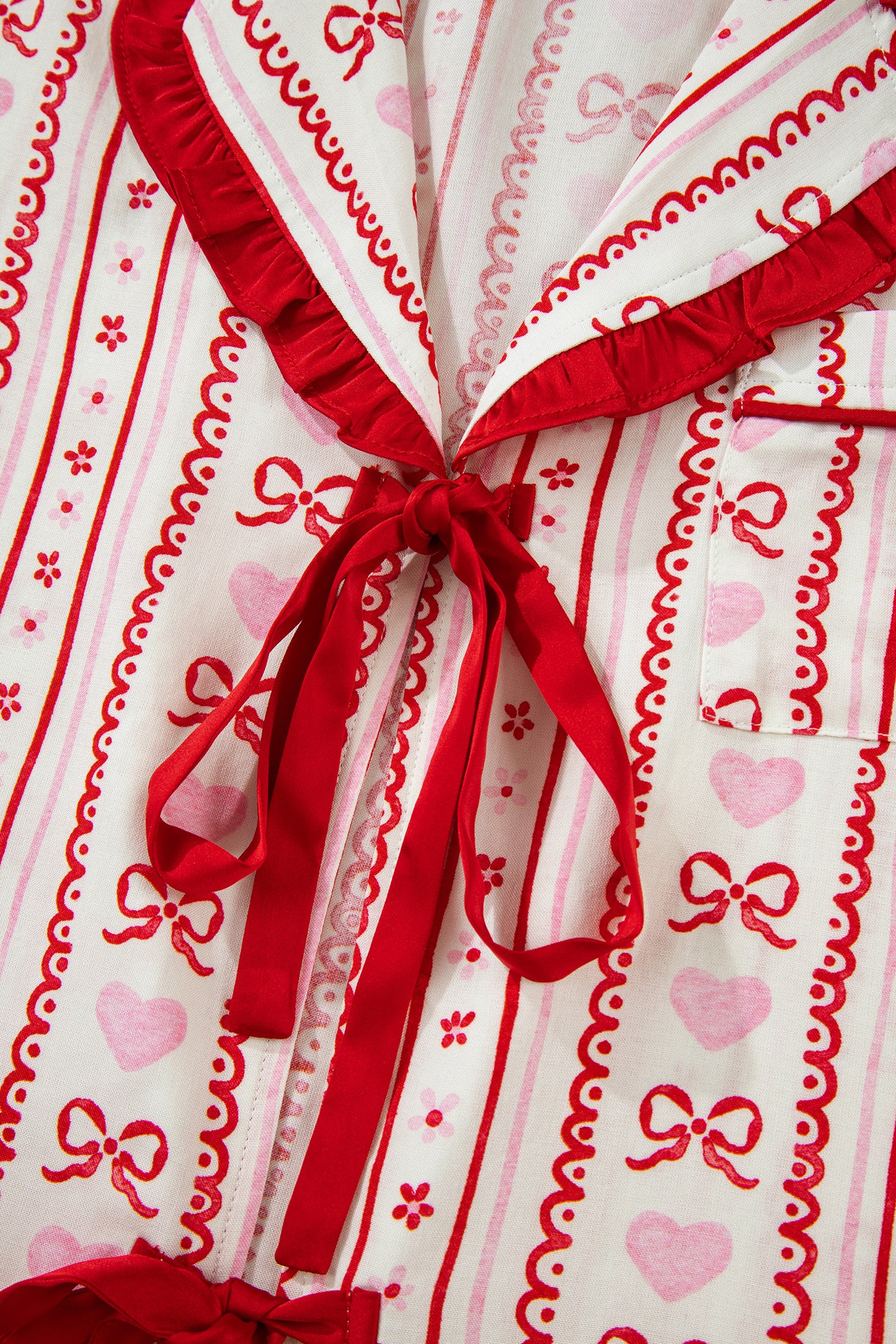 Red Sweet Floral Heart Bow Print Contrast Trim Long Sleeve Shirt Pajama Short Set-Loungewear & Sleepwear/Sleepwear-[Adult]-[Female]-2022 Online Blue Zone Planet