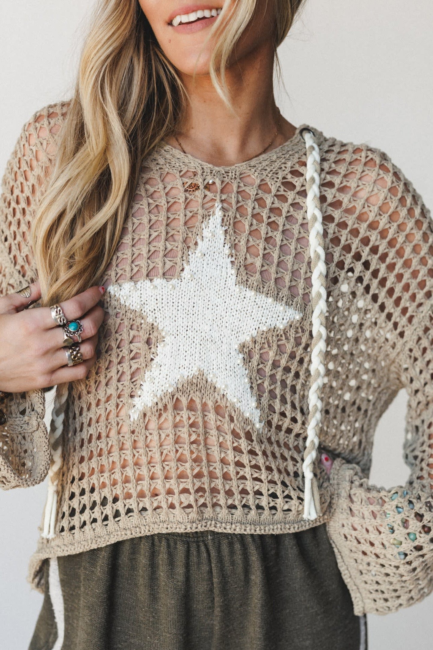 Sage Green Star Pattern Crochet Hooded Drawstring Sweater-TOPS / DRESSES-[Adult]-[Female]-2022 Online Blue Zone Planet