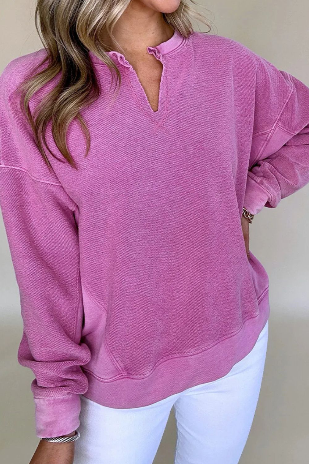 Notched Dropped Shoulder Long Sleeve Sweatshirt-TOPS / DRESSES-[Adult]-[Female]-Cerise-S-2022 Online Blue Zone Planet