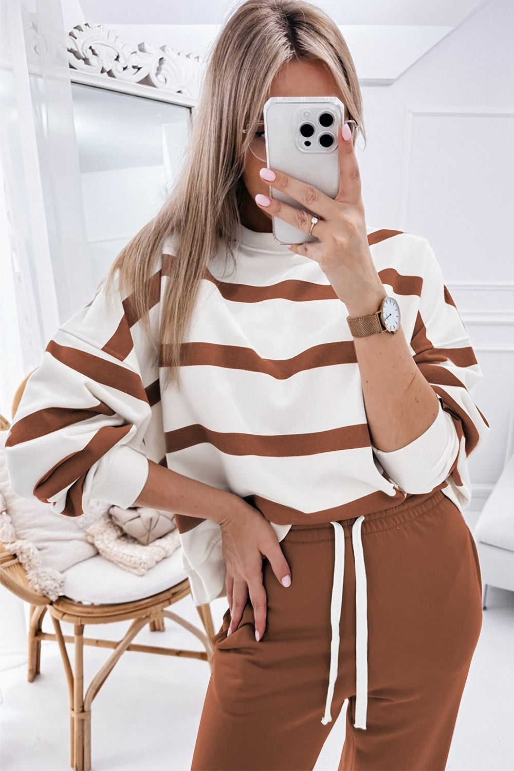 Blue Zone Planet | Striped Round Neck Long Sleeve Top and Pants Set-TOPS / DRESSES-[Adult]-[Female]-2022 Online Blue Zone Planet