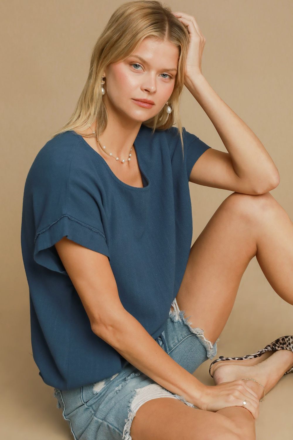 Umgee Drawstring Hem Round Neck Short Sleeve T-Shirt-TOPS / DRESSES-[Adult]-[Female]-2022 Online Blue Zone Planet