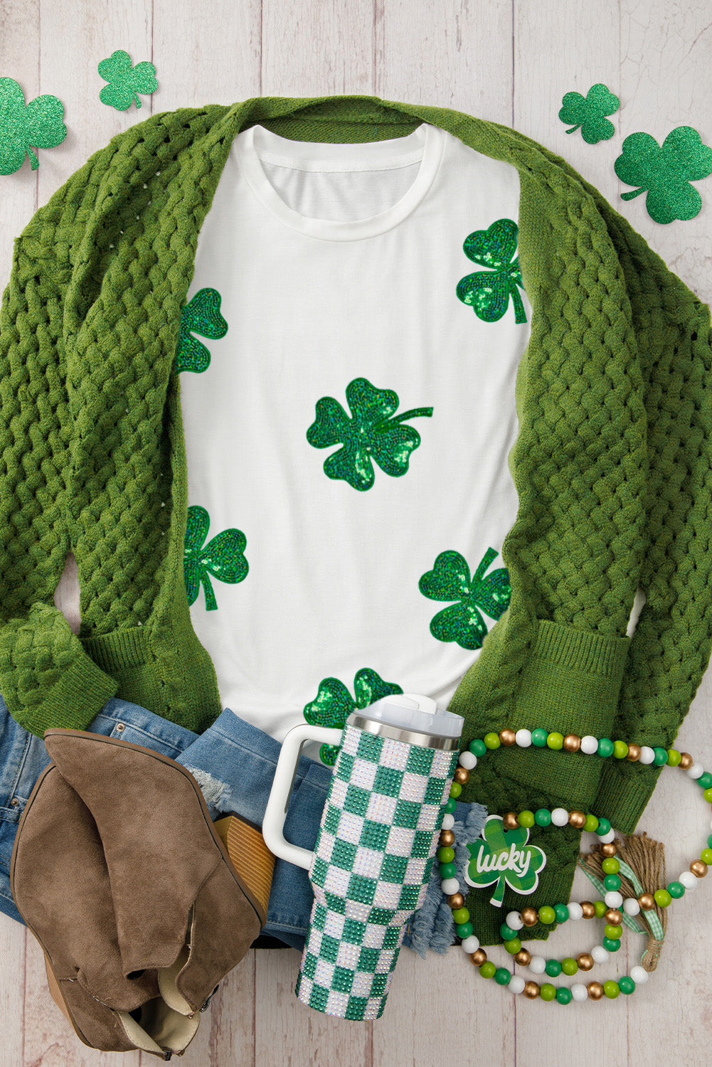 White Sequin Lucky Clover Graphic Crewneck Tee-Graphic/Graphic Tees-[Adult]-[Female]-2022 Online Blue Zone Planet