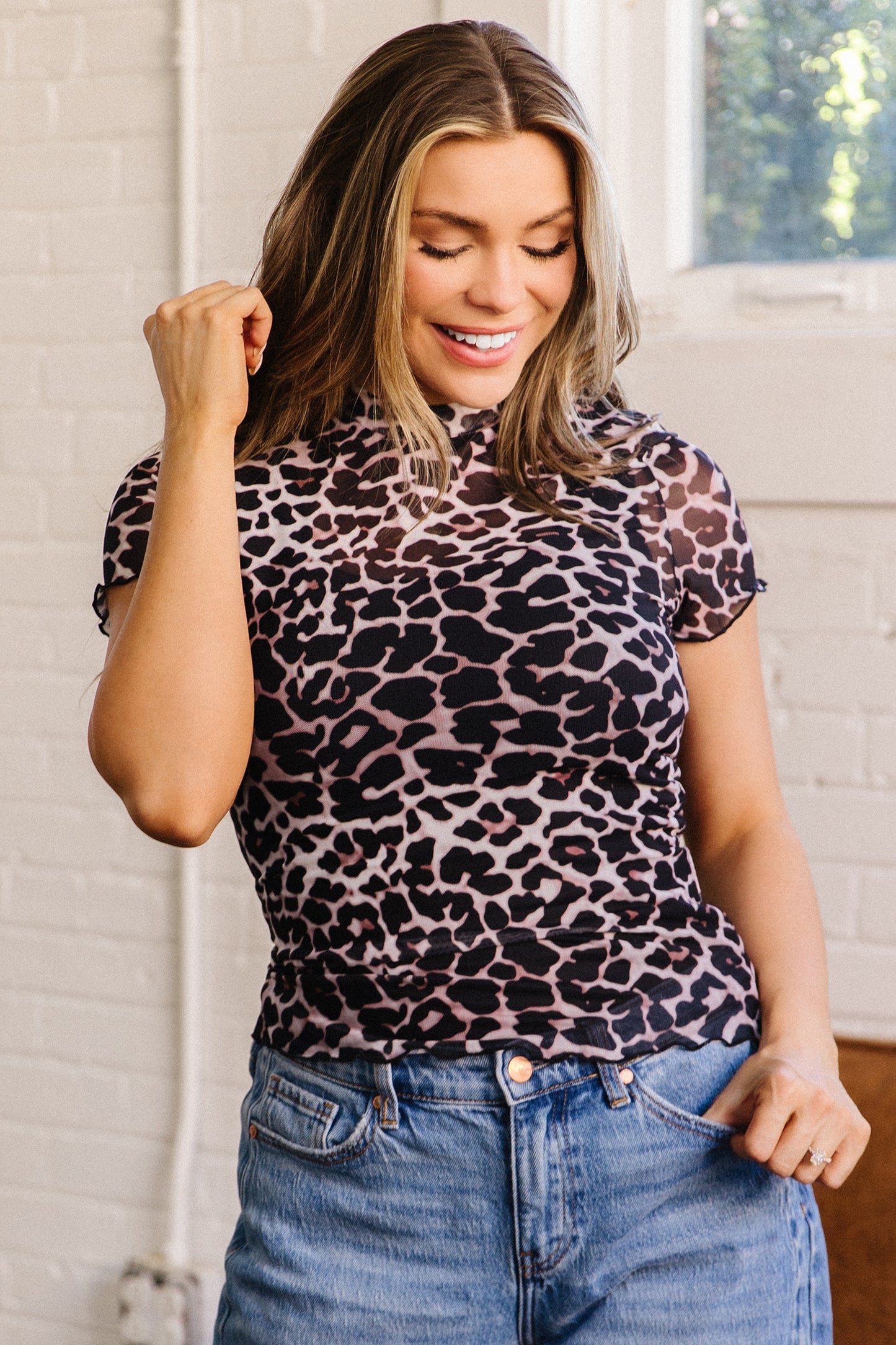 Khaki Leopard Print Sheer Mesh Short Sleeve Top-Tops/Tops & Tees-[Adult]-[Female]-2022 Online Blue Zone Planet