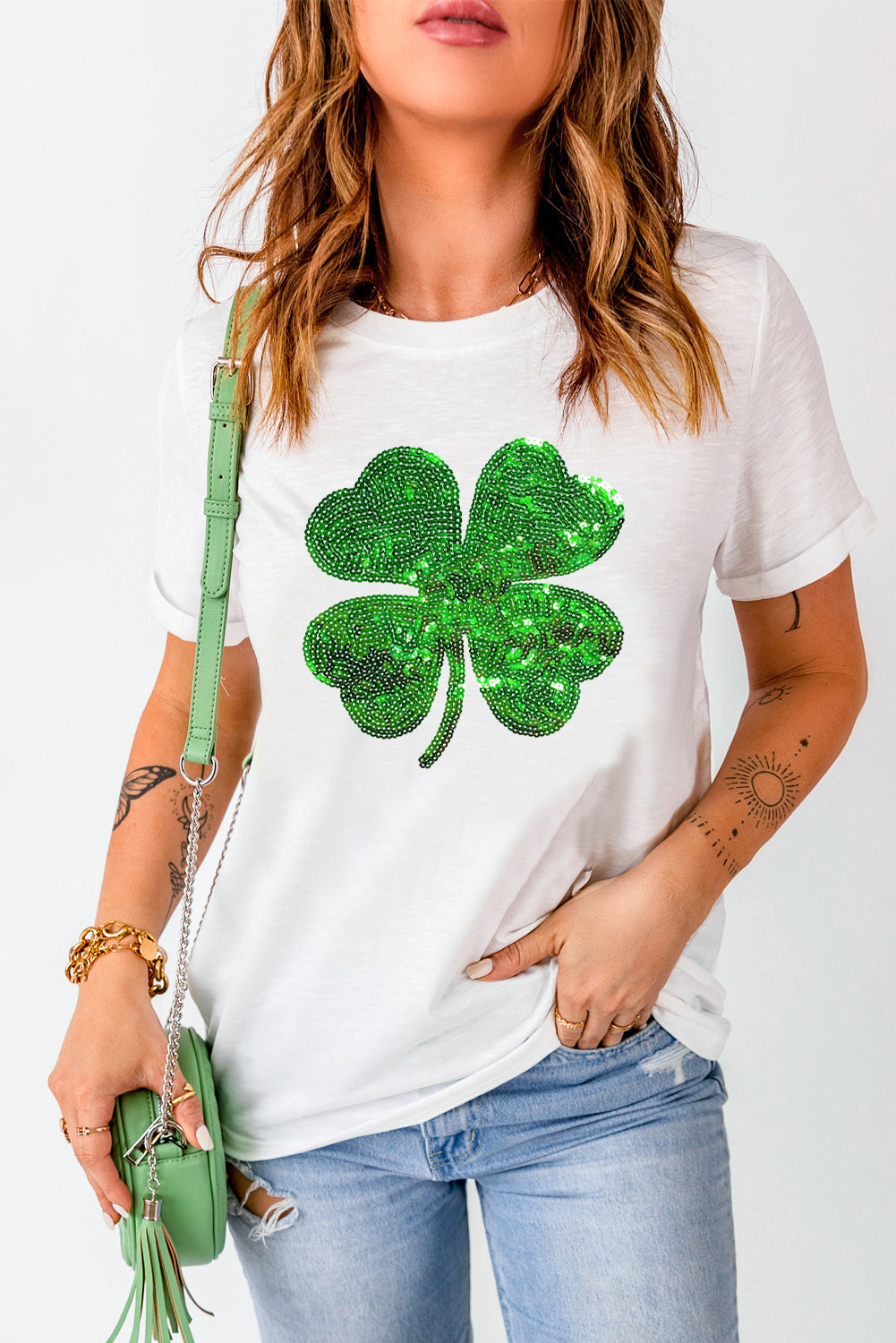 White Sequin Clover Patch Graphic St Patrick Fashion Tee-Graphic/Graphic Tees-[Adult]-[Female]-2022 Online Blue Zone Planet