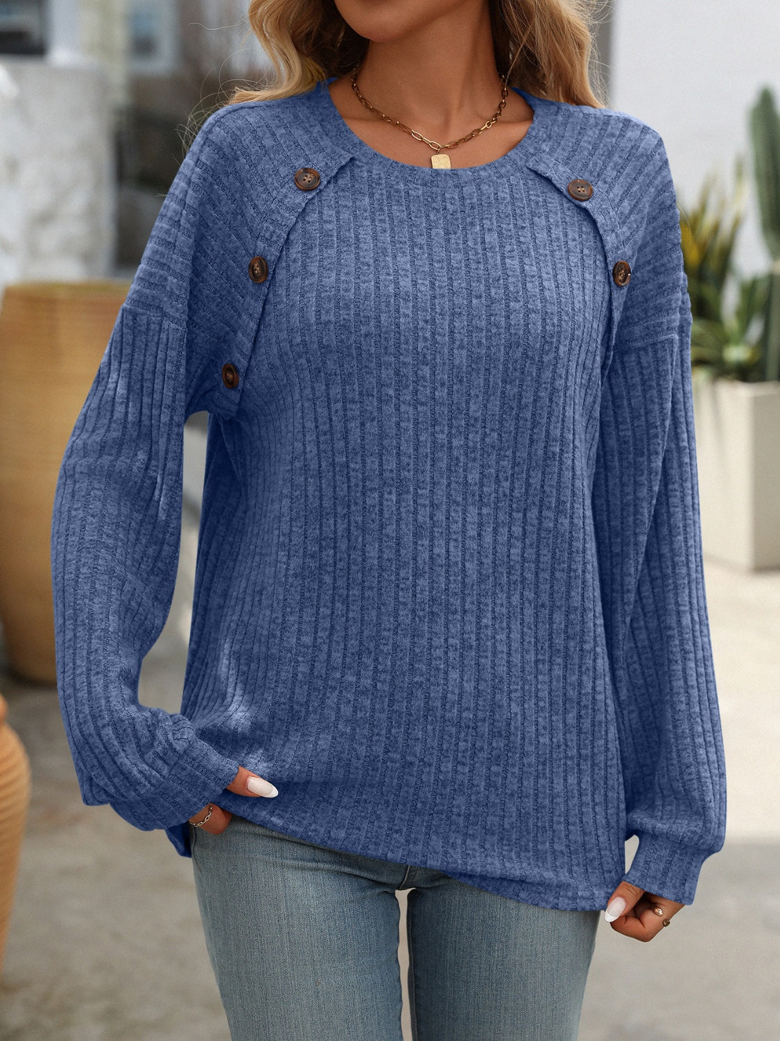 Blue Zone Planet | Decor Button Long Sleeve Ribbed T-Shirt-TOPS / DRESSES-[Adult]-[Female]-Dusty Blue-S-2022 Online Blue Zone Planet