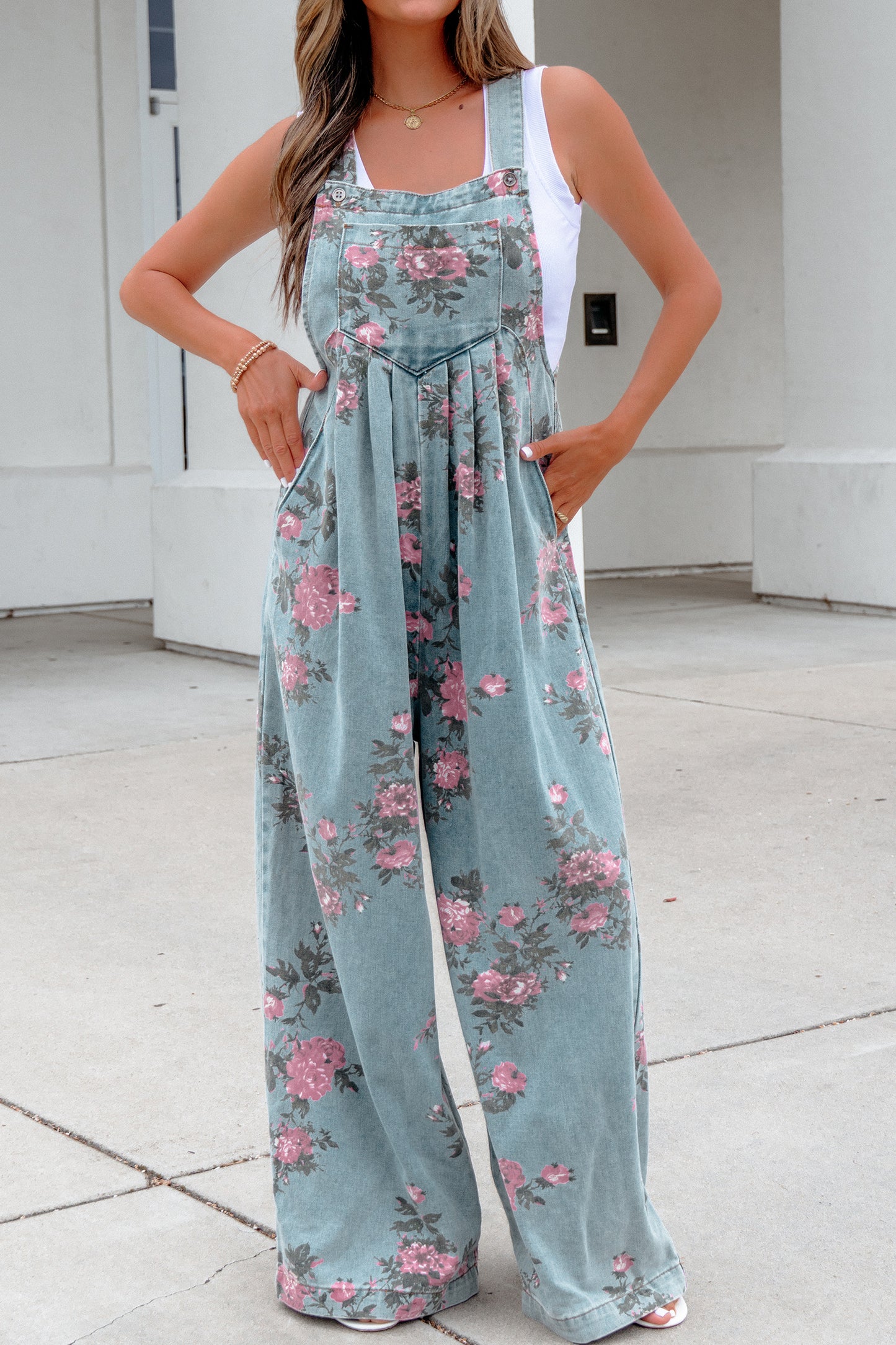 Blue Beau Floral Print Pleated High Waist Wide Leg Denim Jumpsuit-Bottoms/Jumpsuits & Rompers-[Adult]-[Female]-2022 Online Blue Zone Planet
