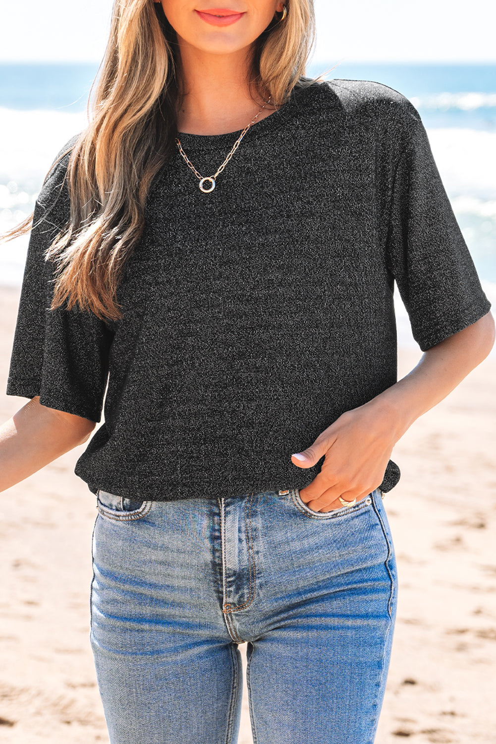 Black Bow Decor Glittery Short Sleeve Top-Tops/Tops & Tees-[Adult]-[Female]-2022 Online Blue Zone Planet