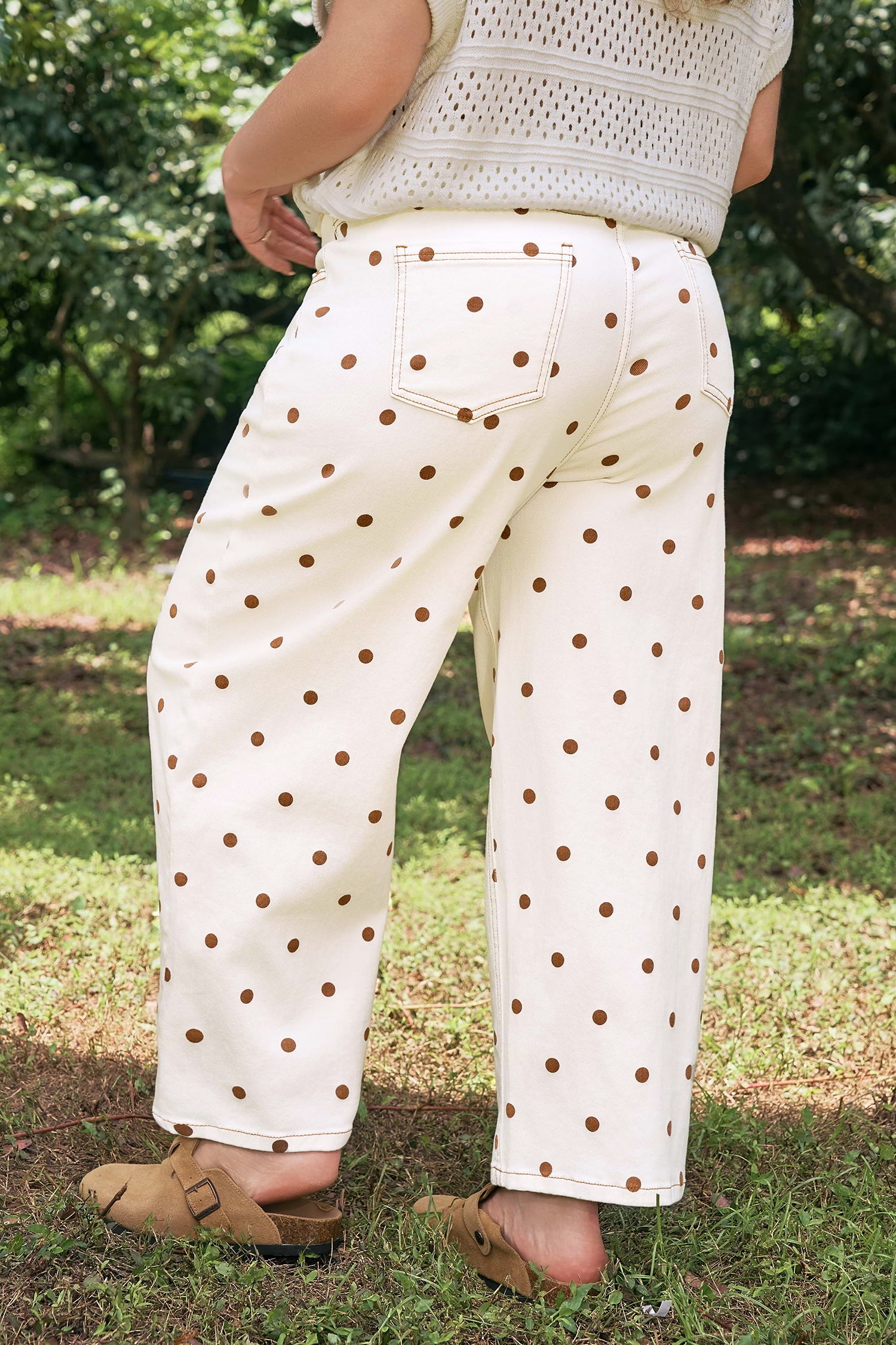 Beige Polka Dot Print Plus Size Barrel Jeans-Plus Size/Plus Size Bottoms-[Adult]-[Female]-2022 Online Blue Zone Planet
