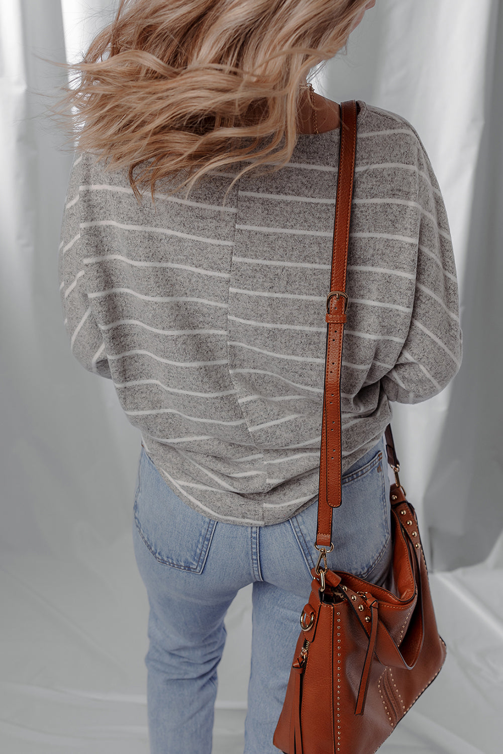 Gray Stripe Dolman Sleeve Drop Shoulder Top-Tops/Long Sleeve Tops-[Adult]-[Female]-2022 Online Blue Zone Planet