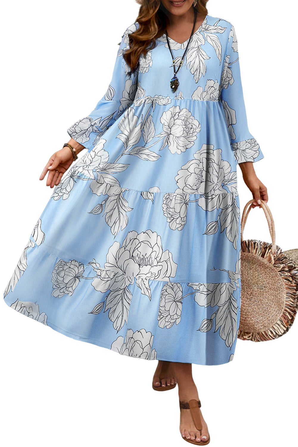Sky Blue Floral Bell Sleeve V Neck Plus Size Tiered Maxi Dress-Plus Size Dresses-[Adult]-[Female]-2022 Online Blue Zone Planet