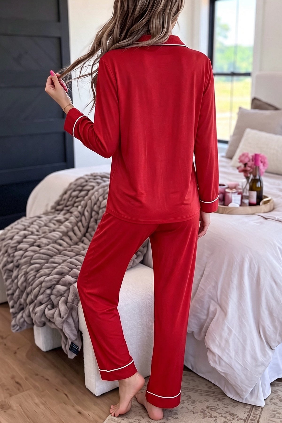 Racing Red Bow Pocket Detail Long Sleeve Shirt 2pcs Pajama Set-Loungewear & Sleepwear/Loungewear-[Adult]-[Female]-2022 Online Blue Zone Planet