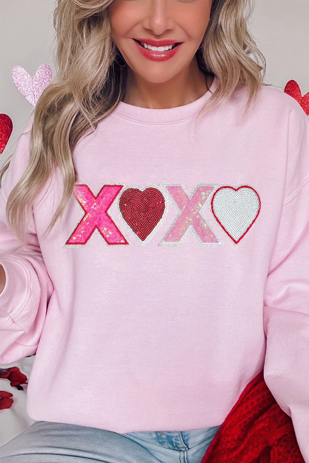 Pink Sequin Heart XOXO Graphic Drop Shoulder Valentines Sweatshirt-Graphic Sweatshirts-[Adult]-[Female]-Pink-S-2022 Online Blue Zone Planet