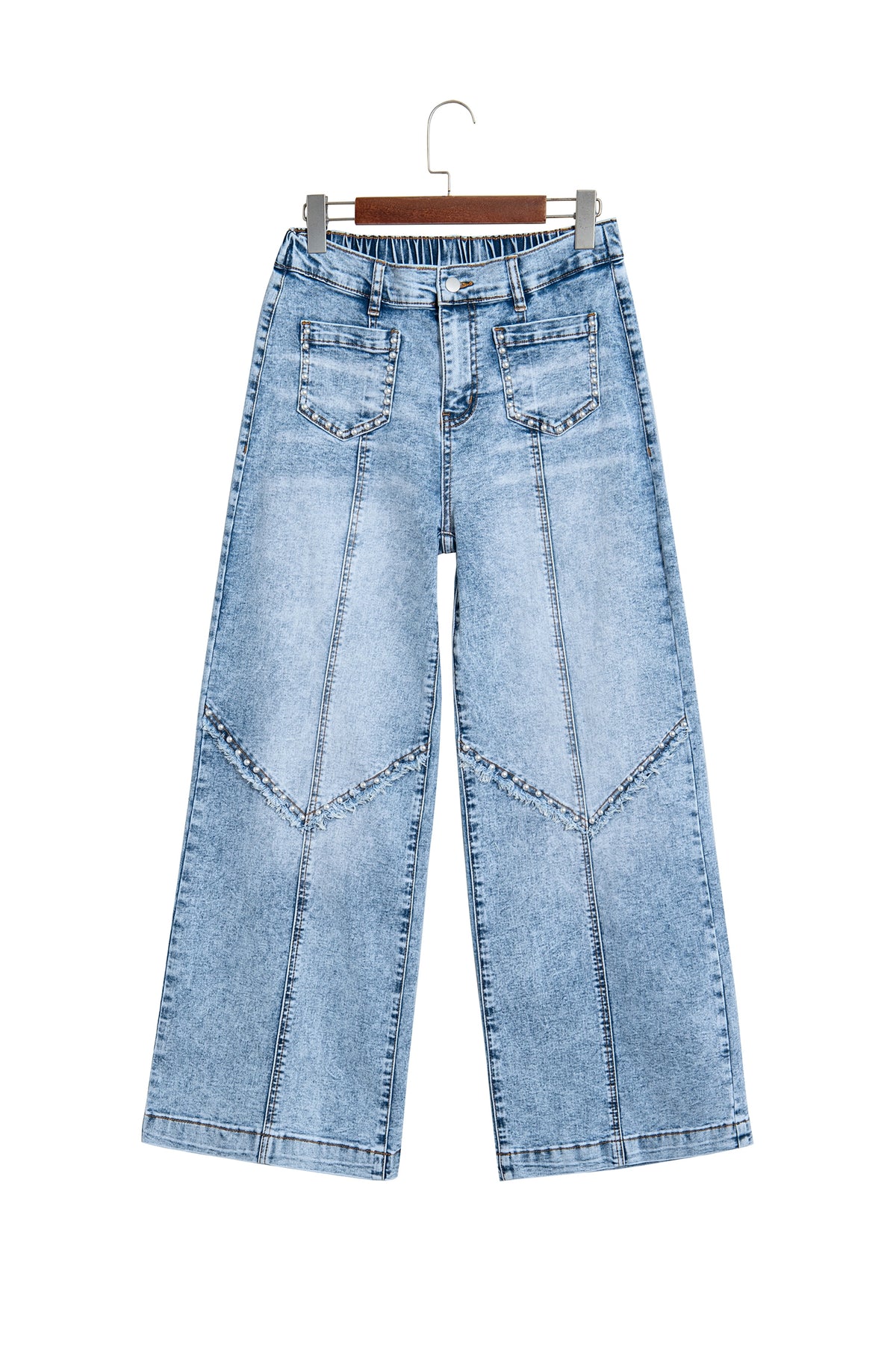 Beau Blue Frayed Studded Detail Wide Leg Pocketed Jeans-Bottoms/Jeans-[Adult]-[Female]-2022 Online Blue Zone Planet