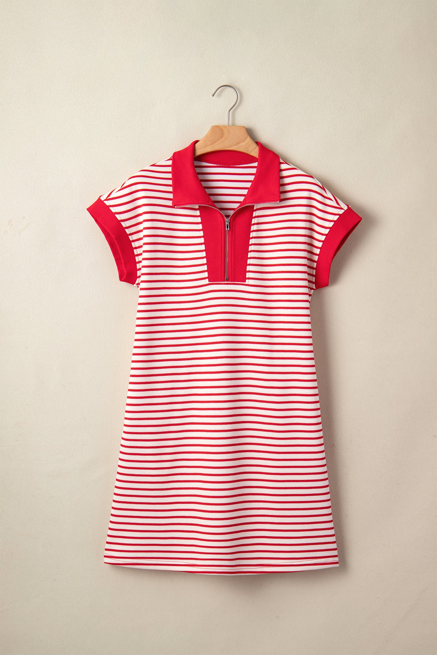 Red Stripe Quarter Zip Polo Collar T Shirt Dress with Pockets-TOPS / DRESSES-[Adult]-[Female]-2022 Online Blue Zone Planet