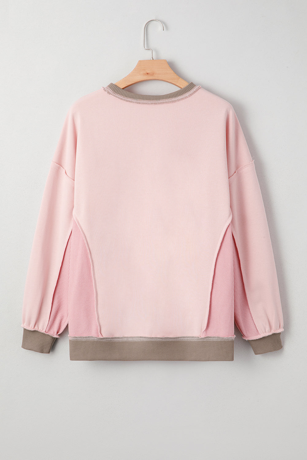 Light Pink Plus Color Block Waffle Patchwork Exposed Seam Baggy Sweatshirt-Plus Size/Plus Size Sweatshirts & Hoodies-[Adult]-[Female]-2022 Online Blue Zone Planet