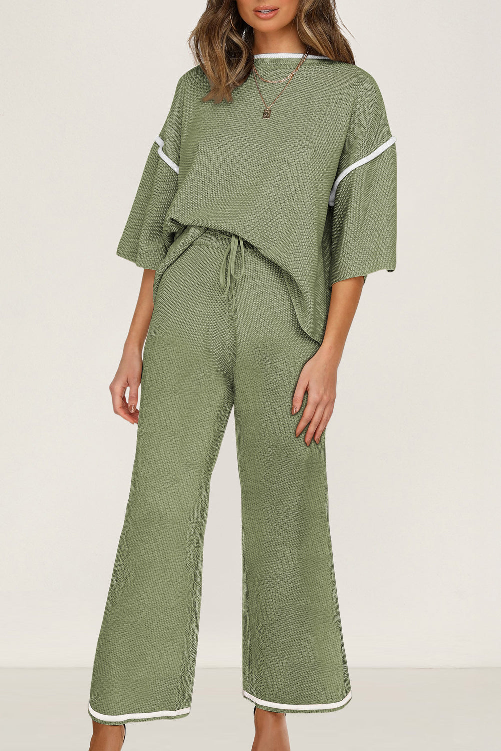Bright Pink Contrast Trim Half Sleeve Top Drawstring Pants Loose 2pcs Sweater Suit-TOPS / DRESSES-[Adult]-[Female]-Guacamole Green-S-2022 Online Blue Zone Planet