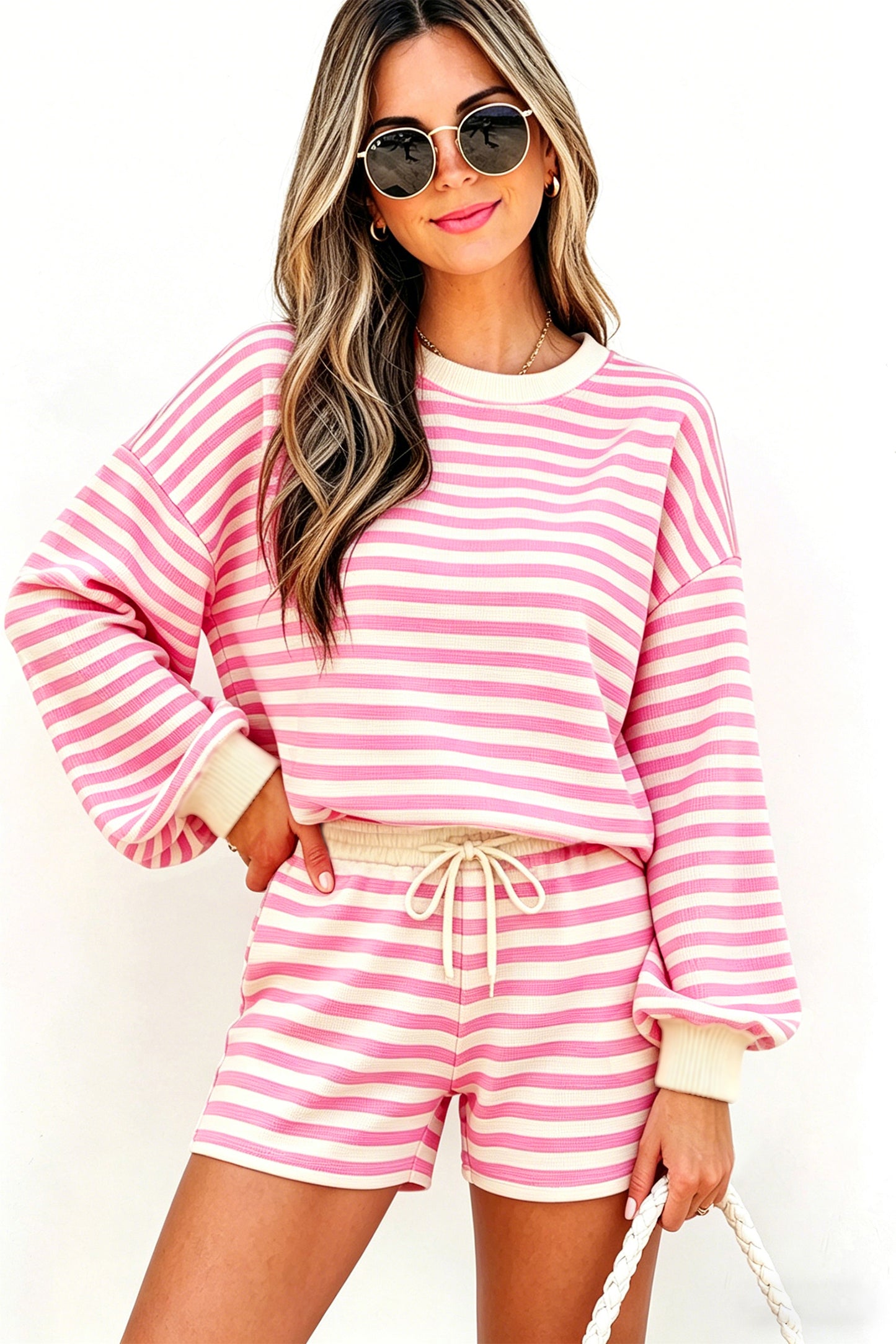 Pink Striped Long Sleeve Crew Neck Drawstring Waist Shorts Set-Two Piece Sets/Short Sets-[Adult]-[Female]-2022 Online Blue Zone Planet