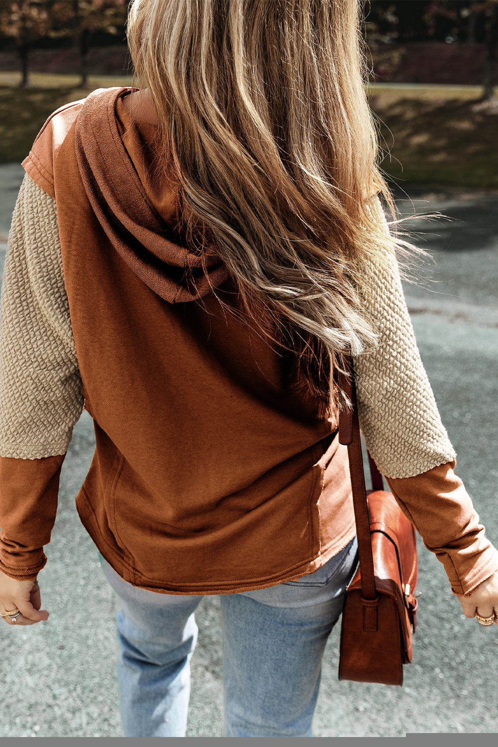 Chestnut Contrast Sleeves Patchwork Colorblock Hoodie-Sale (50% OFF)/30% OFF-[Adult]-[Female]-2022 Online Blue Zone Planet