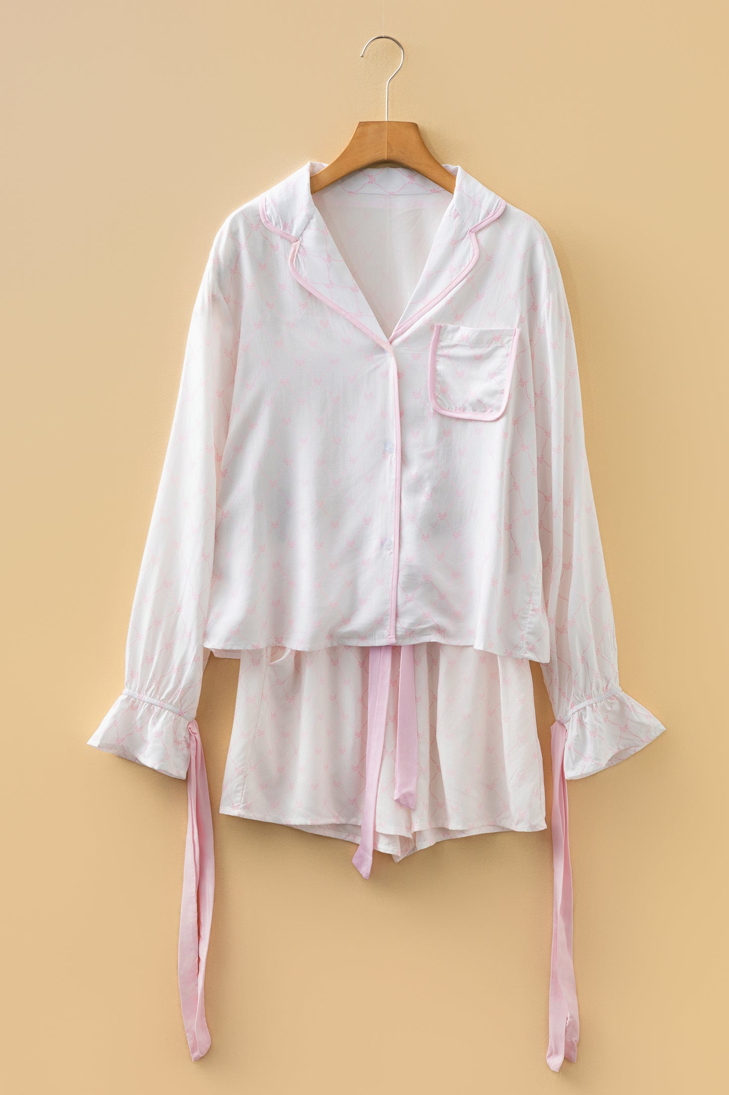 Pink Bow Lattice Print Bow Ties 2pcs Pajama Set-Loungewear & Sleepwear/Sleepwear-[Adult]-[Female]-2022 Online Blue Zone Planet