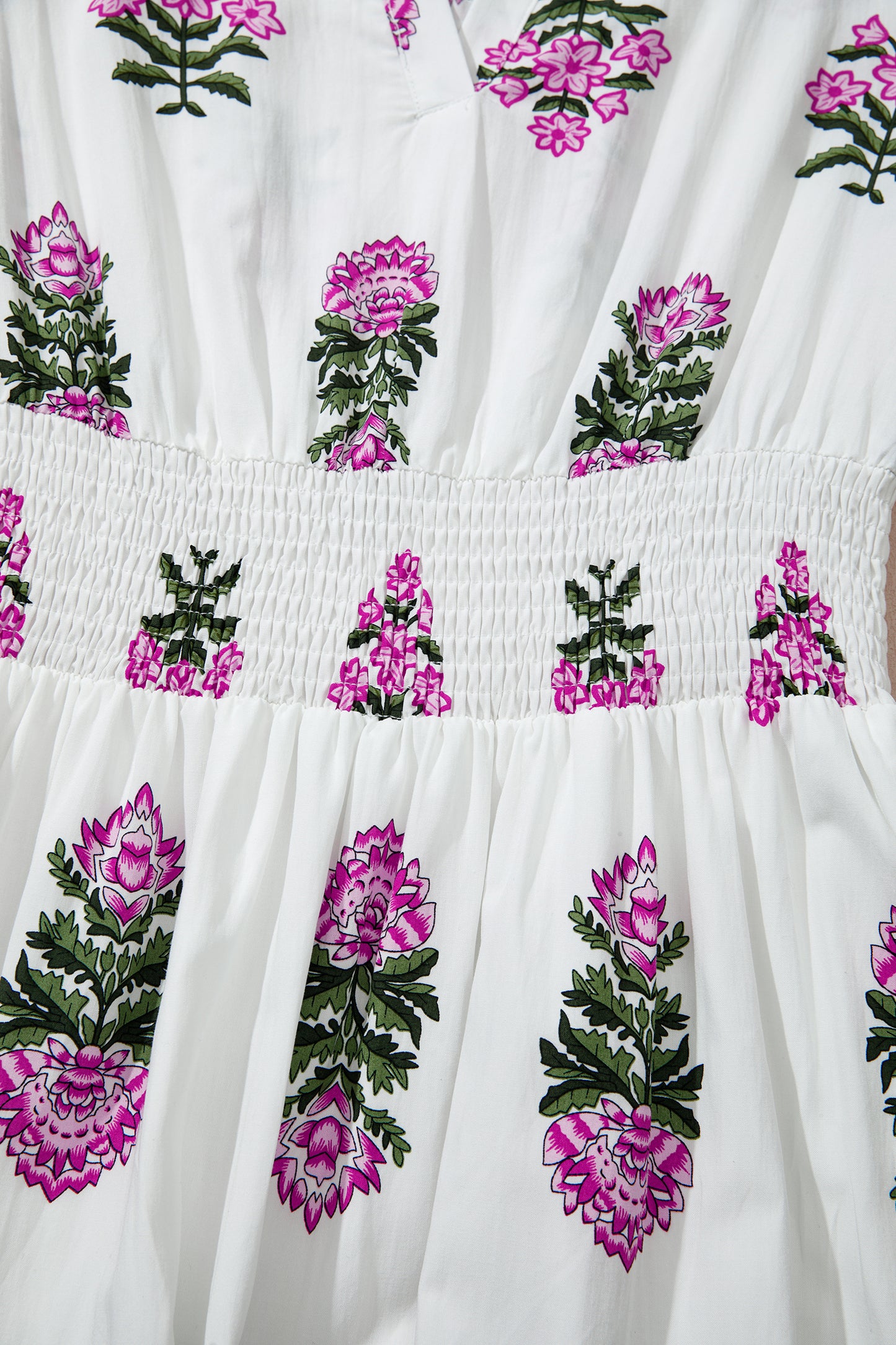 White Floral Print Split Neck Shirred High Waist Ruffle Hem Maxi Dress-TOPS / DRESSES-[Adult]-[Female]-2022 Online Blue Zone Planet