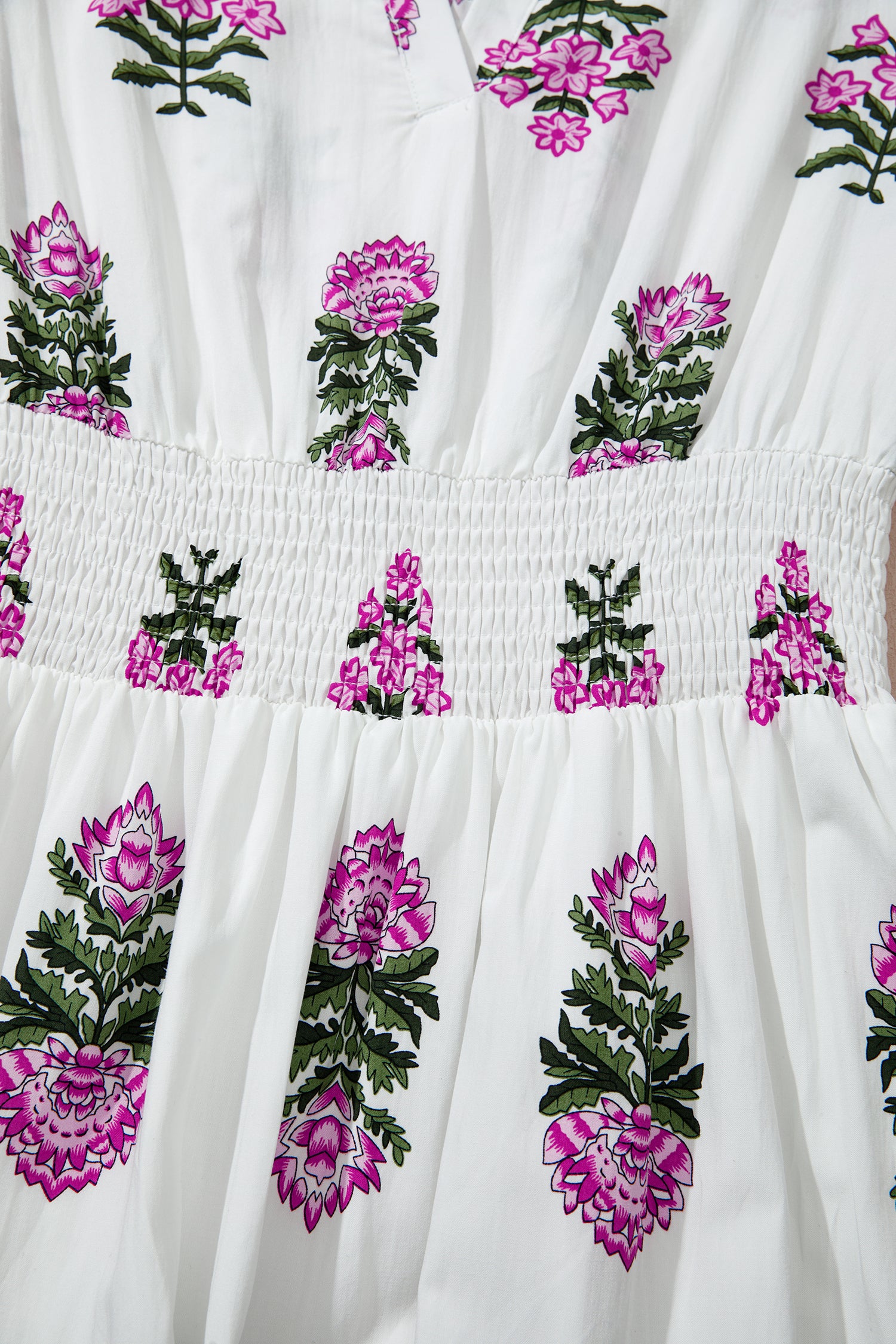 White Floral Print Split Neck Shirred High Waist Ruffle Hem Maxi Dress-TOPS / DRESSES-[Adult]-[Female]-2022 Online Blue Zone Planet