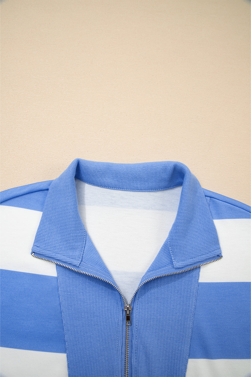 Sky Blue Stripe Seam Detail Half Zip Oversize Tee Casual Shorts 2pcs Set-Two Piece Sets/Short Sets-[Adult]-[Female]-2022 Online Blue Zone Planet