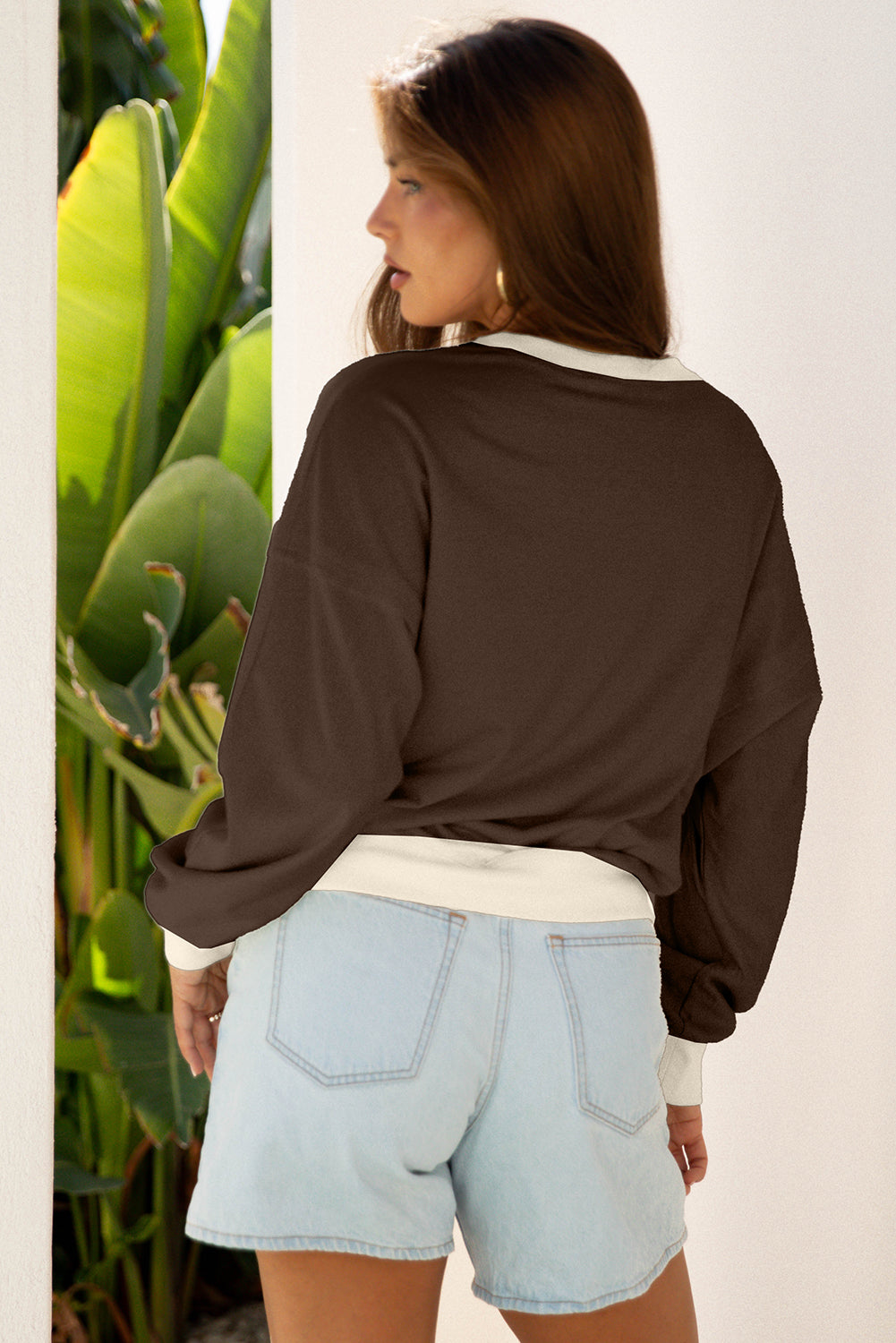 Coffee Raw Edge Flower Patch Drop Shoulder Casual Top-Tops/Long Sleeve Tops-[Adult]-[Female]-2022 Online Blue Zone Planet