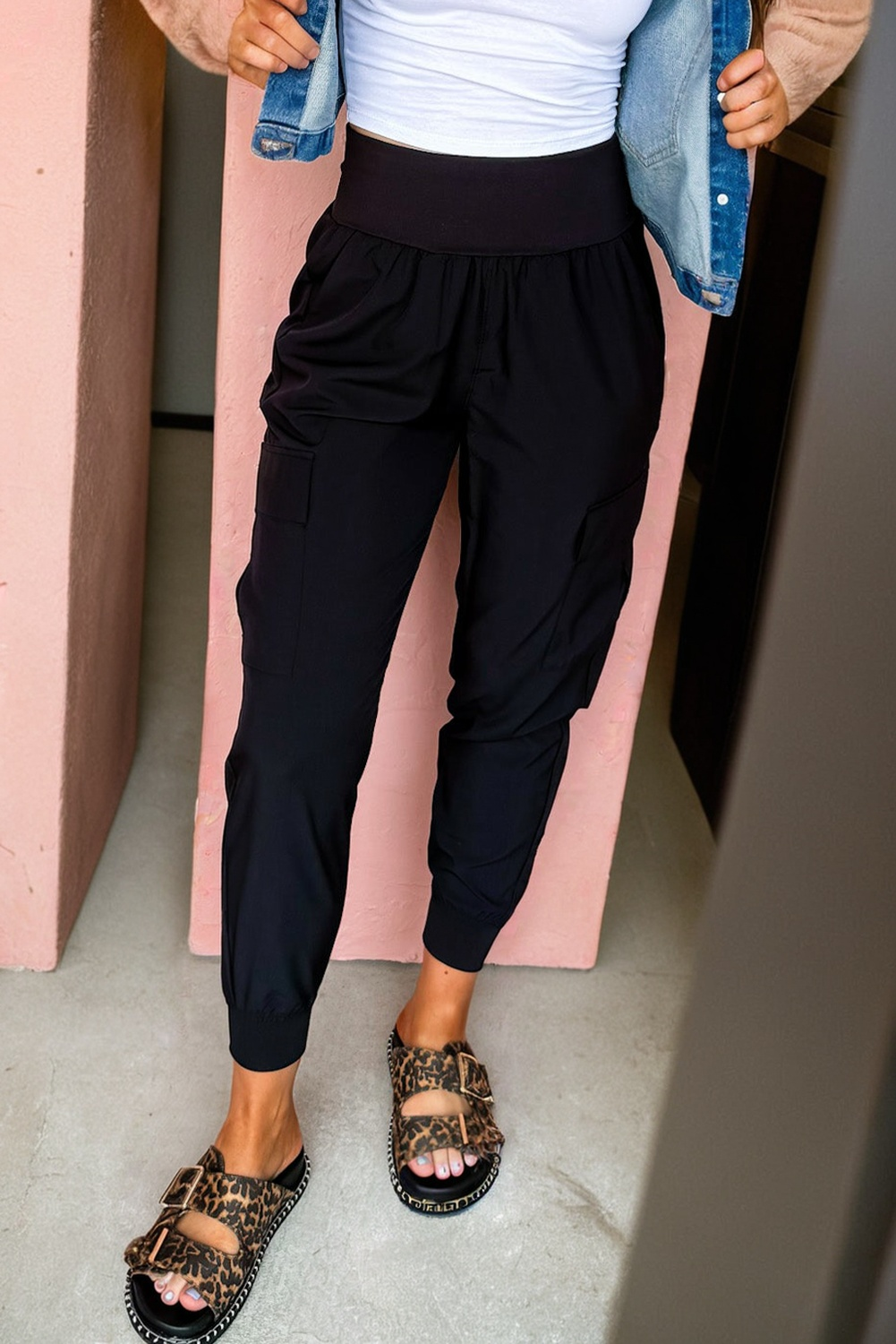 Black Elastic High Waist Pocketed Cargo Jogger Pants-Bottoms/Pants & Culotte-[Adult]-[Female]-2022 Online Blue Zone Planet