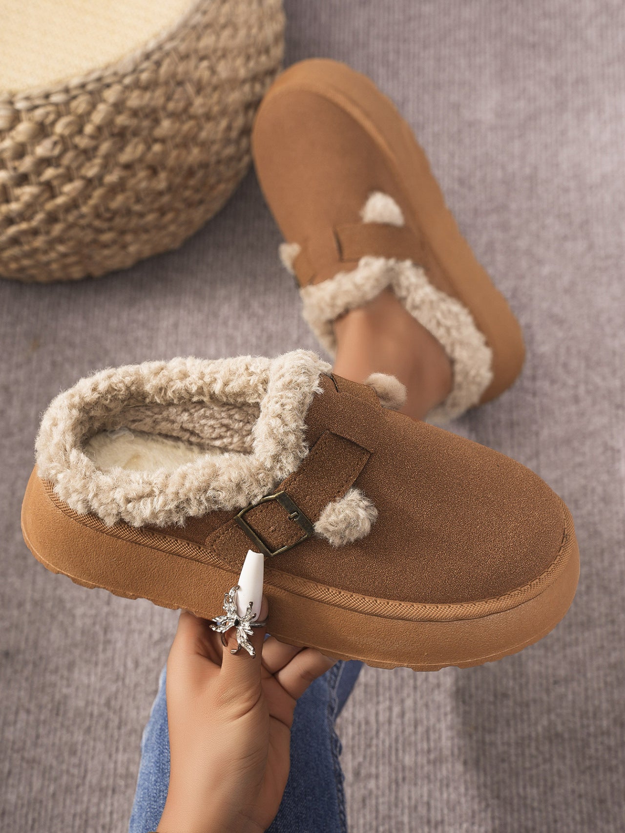 Blue Zone Planet | Thermal Fuzzy Buckle Platform Slippers-SHOES-[Adult]-[Female]-2022 Online Blue Zone Planet