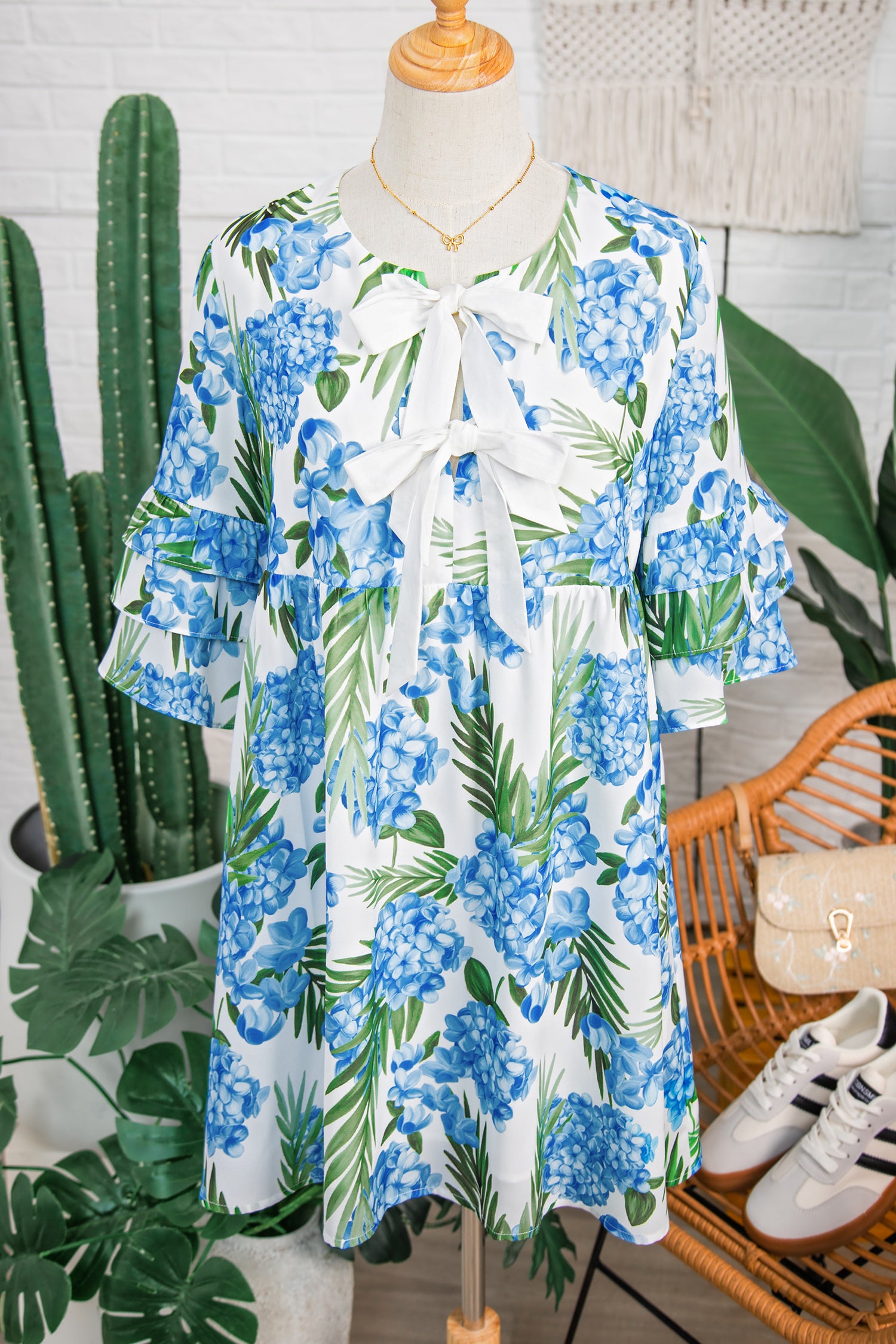 Sky Blue Palm Floral Print Contrast Ribbon Knot Ruffle Tiered Sleeve Mini Dress-Dresses/Floral Dresses-[Adult]-[Female]-2022 Online Blue Zone Planet