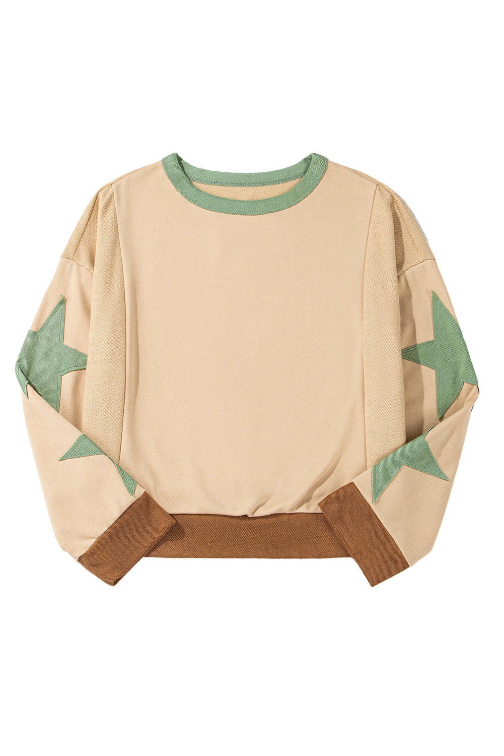 Parchment Star Patchwork Exposed Seam Oversized Sweatshirt-Sweatshirts & Hoodies-[Adult]-[Female]-2022 Online Blue Zone Planet