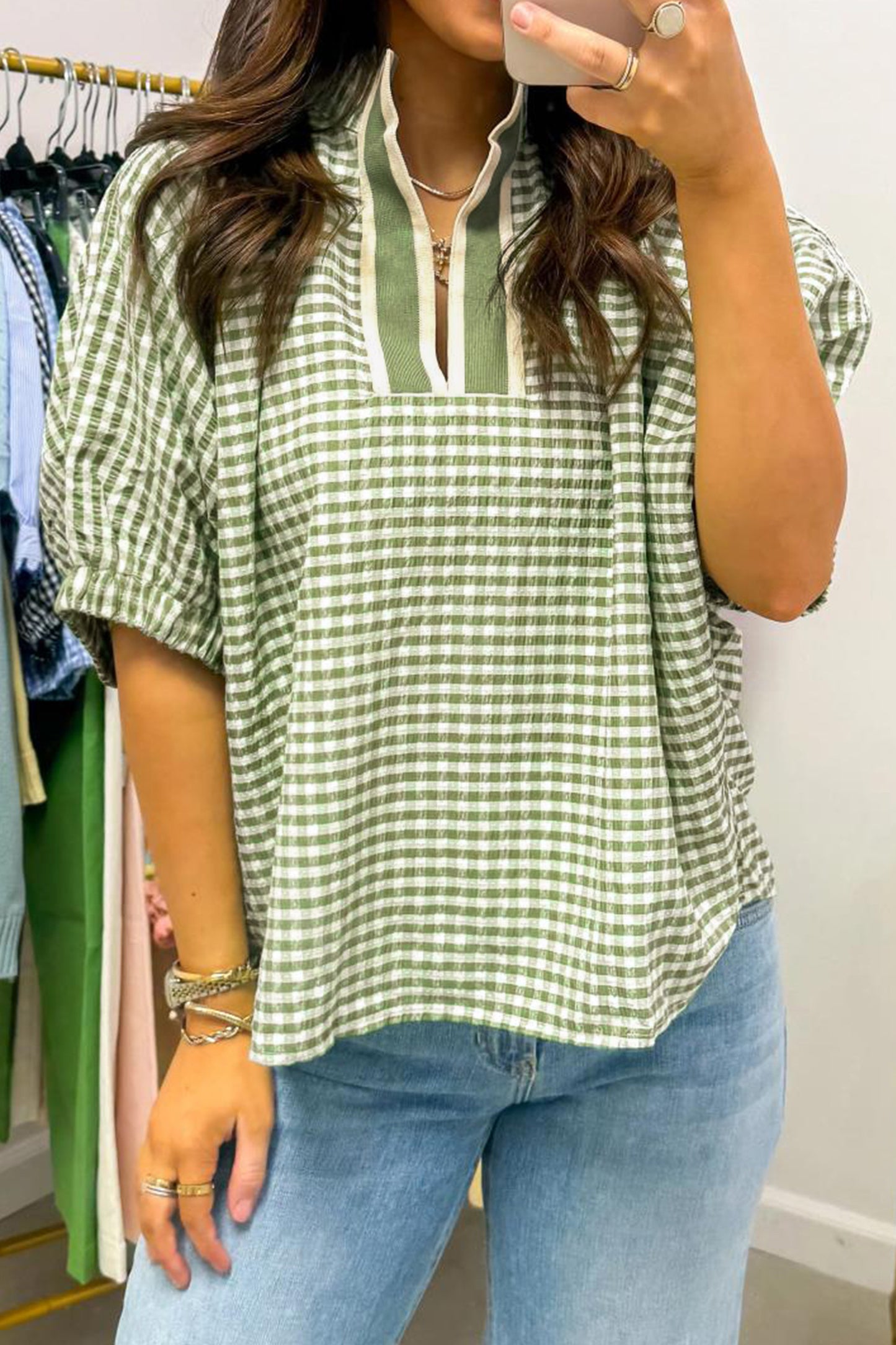 Red Plaid Short Sleeve Colorblock Trim Split Neck Blouse-Tops/Blouses & Shirts-[Adult]-[Female]-2022 Online Blue Zone Planet