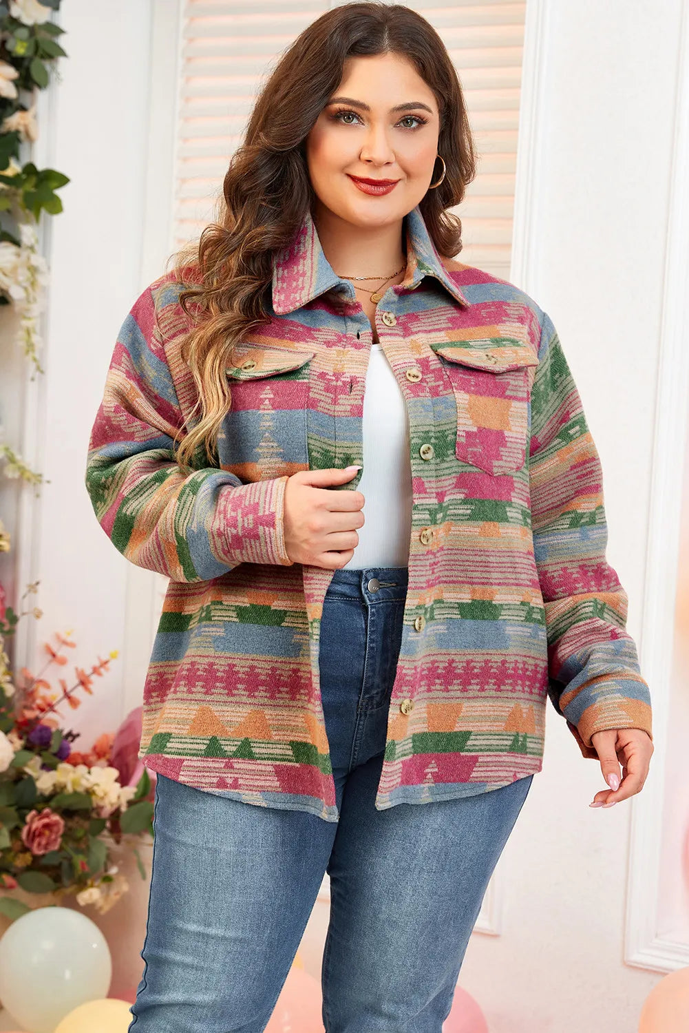 Plus Size Pocketed Printed Collared Neck Jacket-TOPS / DRESSES-[Adult]-[Female]-2022 Online Blue Zone Planet