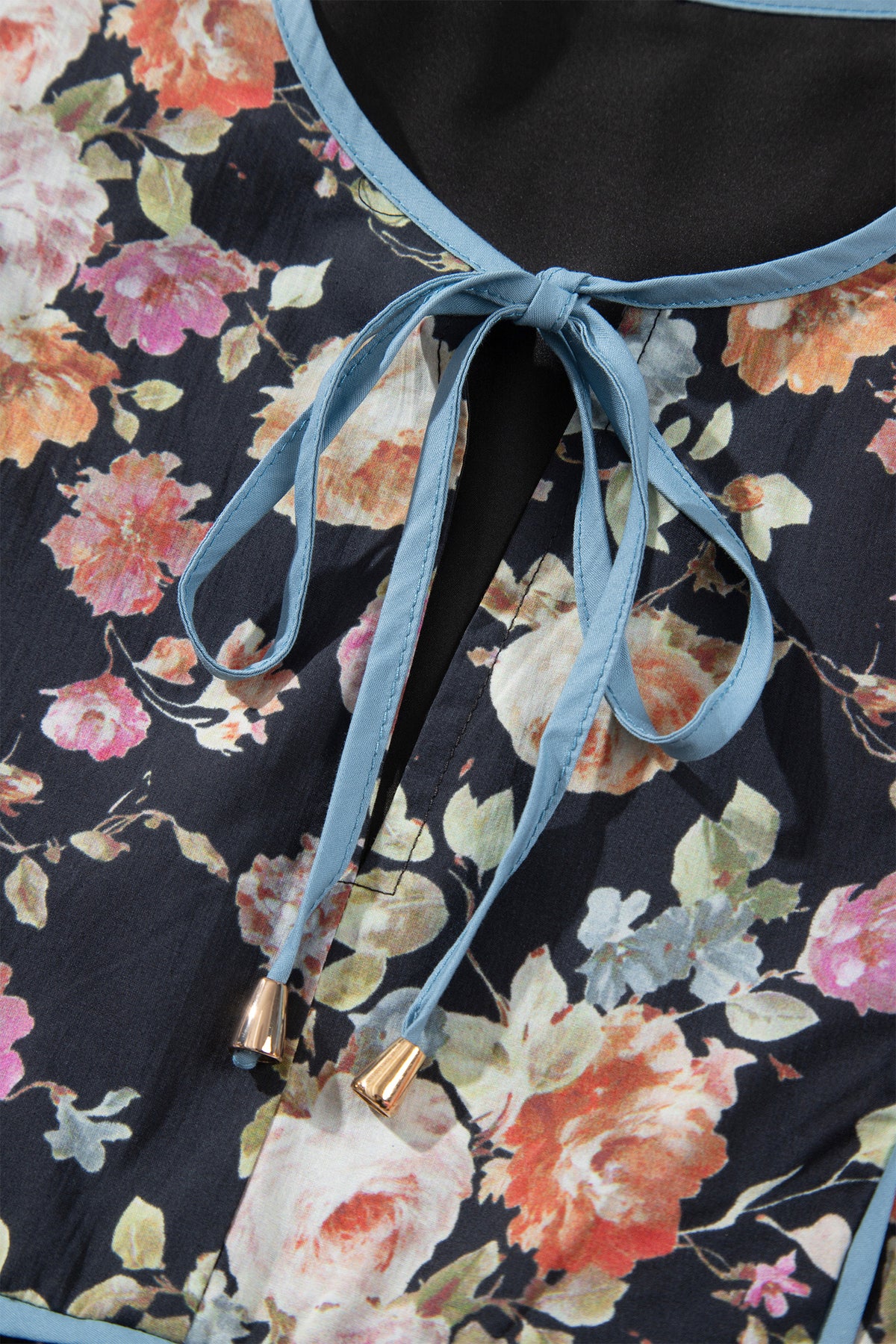 Black Floral Print Contrast Trim Tie V Neck Bracelet Sleeve Blouse-Bracelet-[Adult]-[Female]-2022 Online Blue Zone Planet
