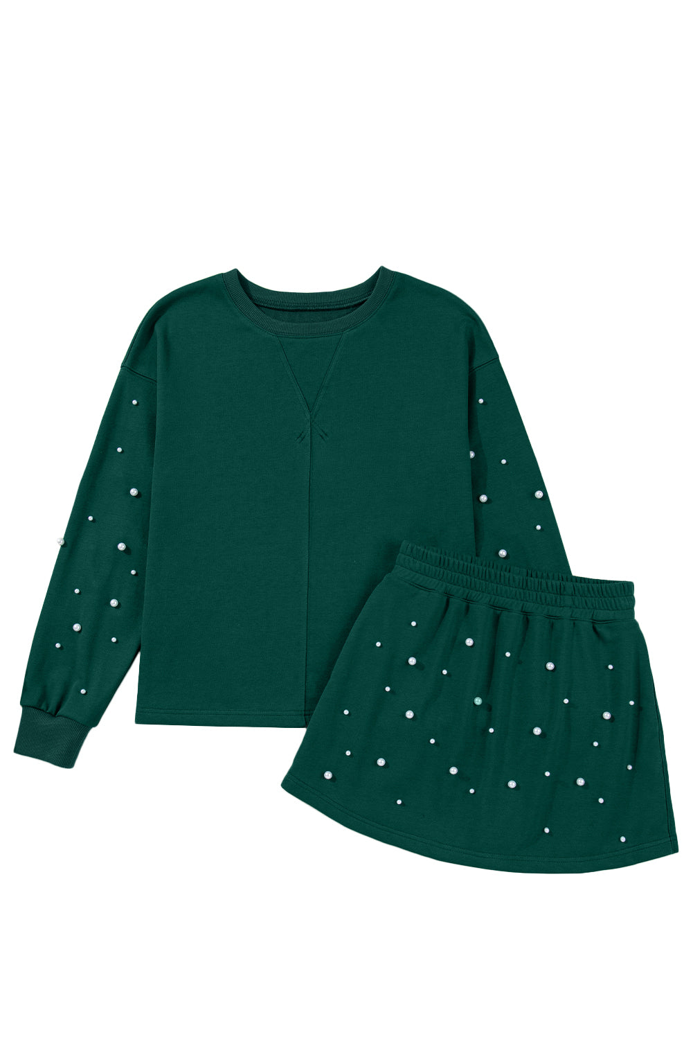 Dark Green Pearl Embellished Drop Shoulder Pullover Elastic Waist Mini Skirt Set-Two Piece Sets/Two Piece Dresses-[Adult]-[Female]-2022 Online Blue Zone Planet