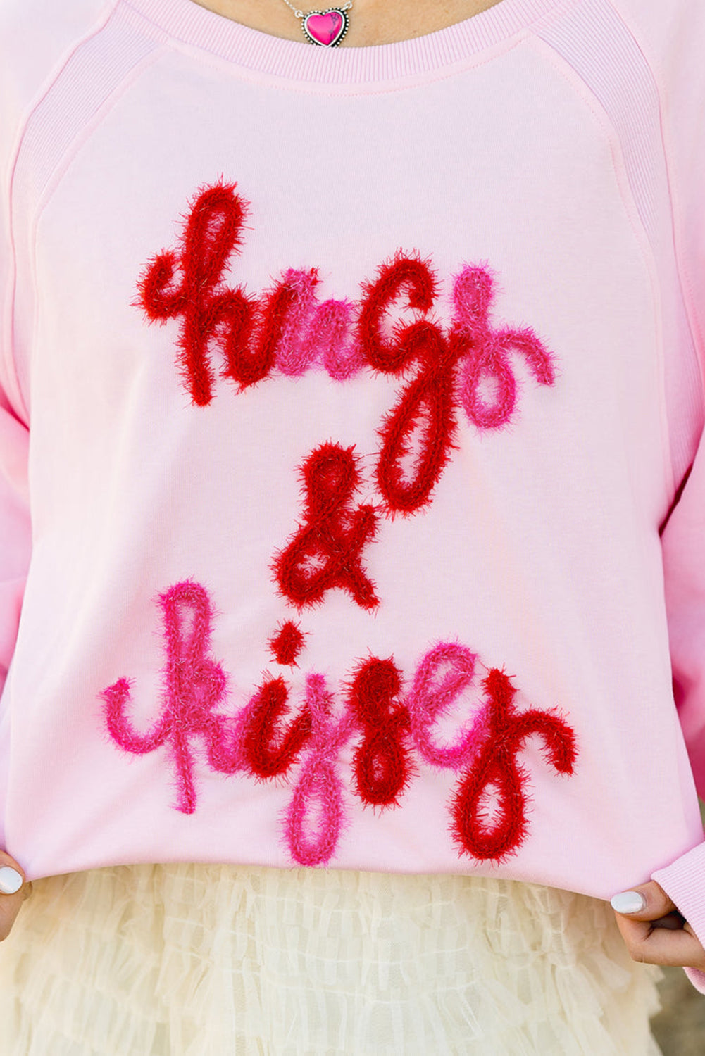 Pink Hugs and Kisses Pop Up Embroidered Raglan Sleeve Sweatshirt-TOPS / DRESSES-[Adult]-[Female]-2022 Online Blue Zone Planet