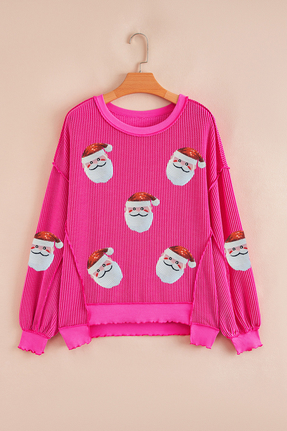 Strawberry Pink Twisted Ribbed Color Block Patchwork Sequin Father Christmas Graphic Top-Graphic Long Sleeve Tees-[Adult]-[Female]-2022 Online Blue Zone Planet