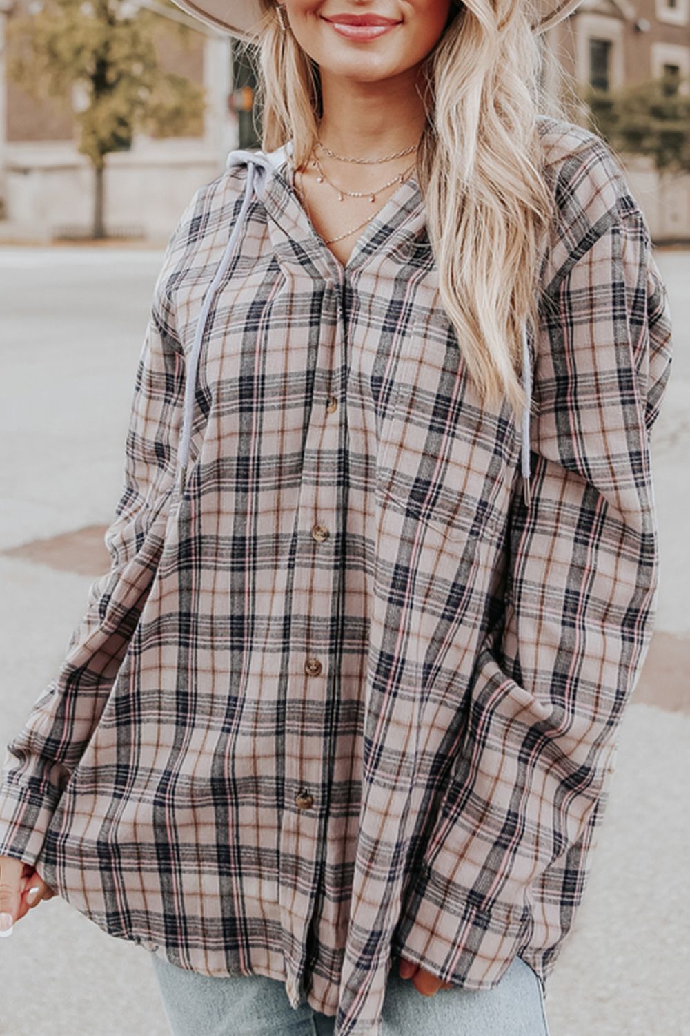 Drawstring Plaid Hooded Long Sleeve Shirt-TOPS / DRESSES-[Adult]-[Female]-Gray-S-2022 Online Blue Zone Planet