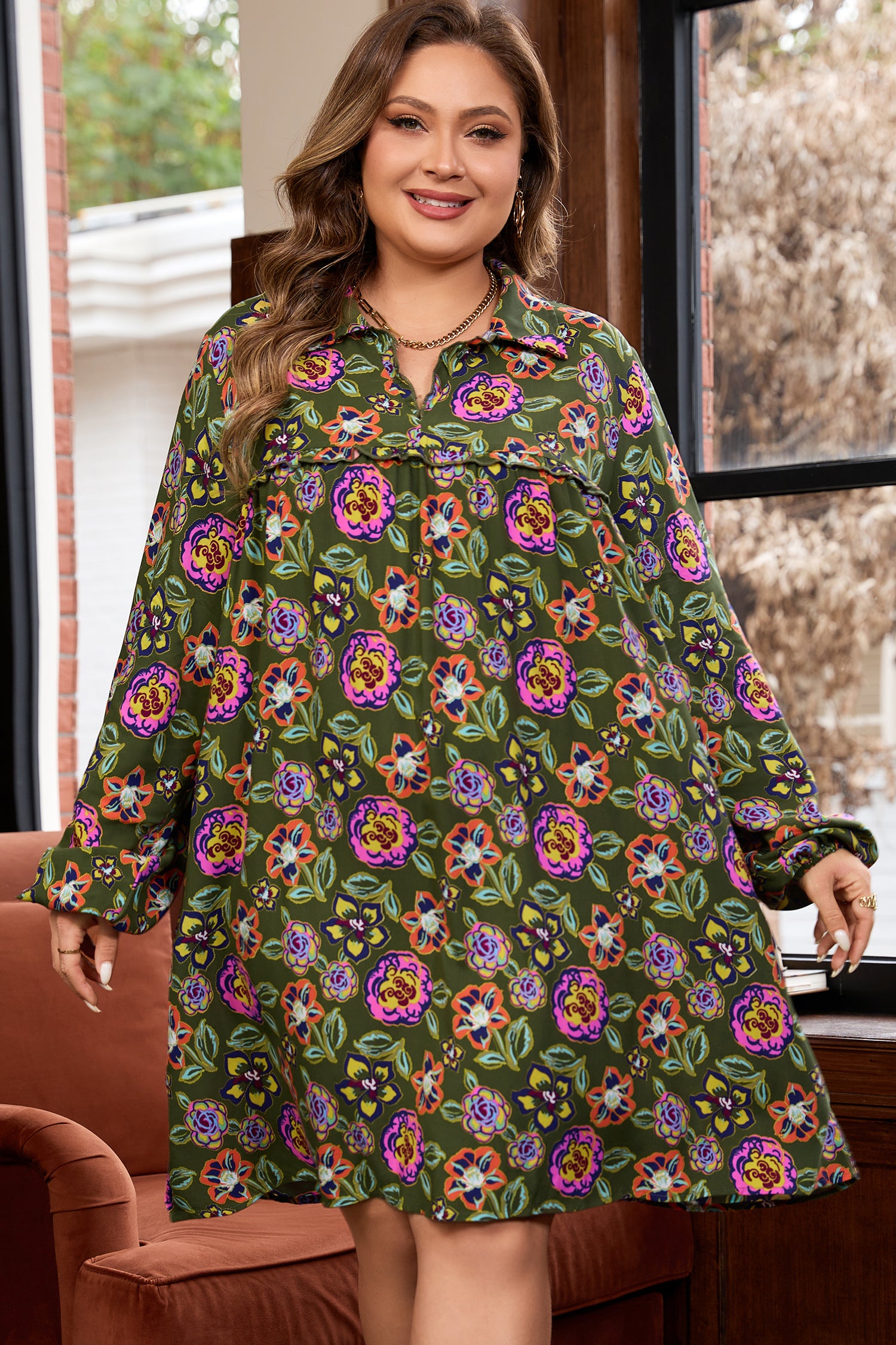 Green Plus Size Floral Print Collared V Neck Loose Mini Dress-TOPS / DRESSES-[Adult]-[Female]-2022 Online Blue Zone Planet