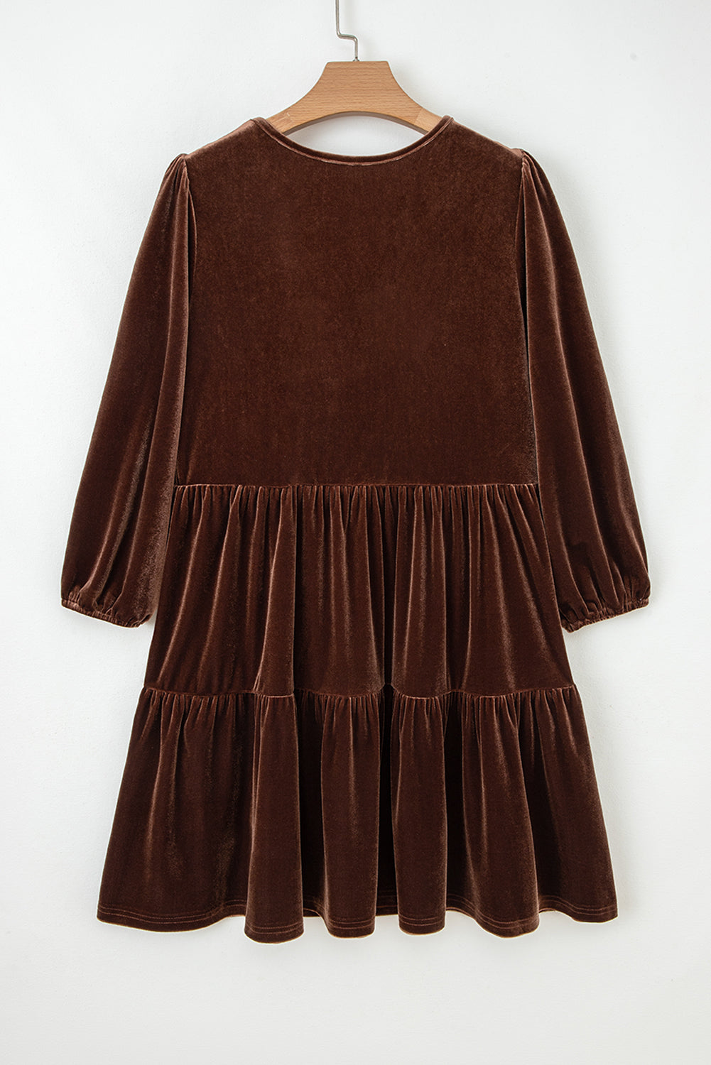 Chicory Coffee Solid Color Velvet V Neck Long Sleeve Tiered Mini Dress-Dresses/Mini Dresses-[Adult]-[Female]-2022 Online Blue Zone Planet