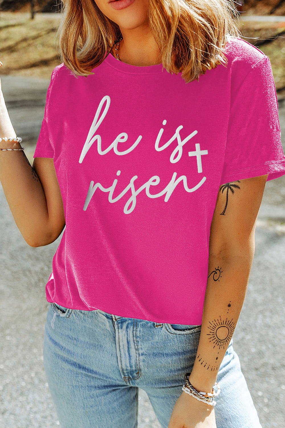 Rose Red Glitter he is risen Cross Printed Crewneck Tee-Graphic/Graphic Tees-[Adult]-[Female]-2022 Online Blue Zone Planet