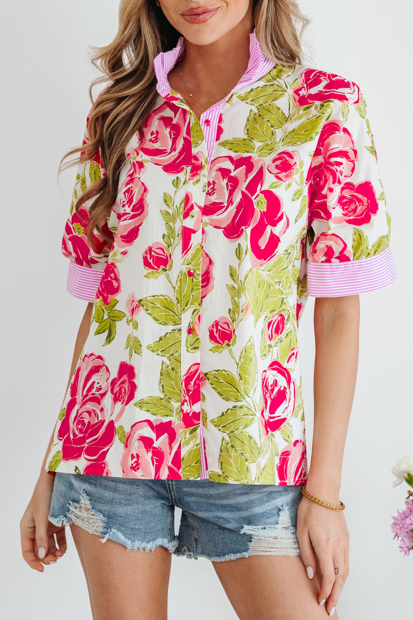 Pink Flower Print Striped Trim Frilled Collar Short Sleeve Shirt-Tops/Blouses & Shirts-[Adult]-[Female]-2022 Online Blue Zone Planet