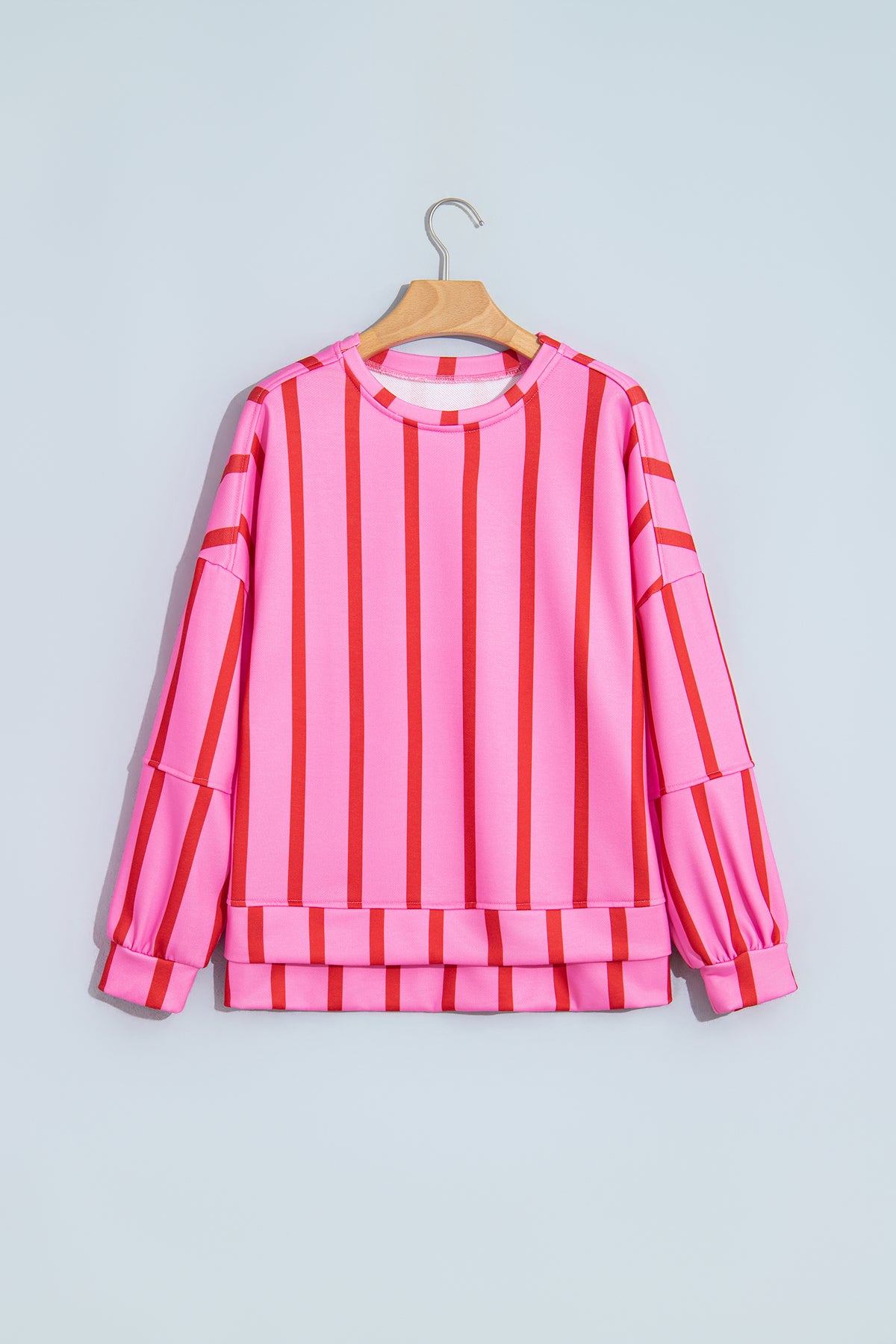 Pink Stripe Dropped Shoulder Round Neck Casual Sweatshirt-Tops/Sweatshirts & Hoodies-[Adult]-[Female]-2022 Online Blue Zone Planet