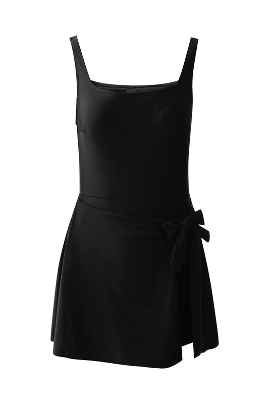 Black Side Tied Waist Square Neck Adjustable Straps A-line One Piece Swim Dress-TOPS / DRESSES-[Adult]-[Female]-2022 Online Blue Zone Planet