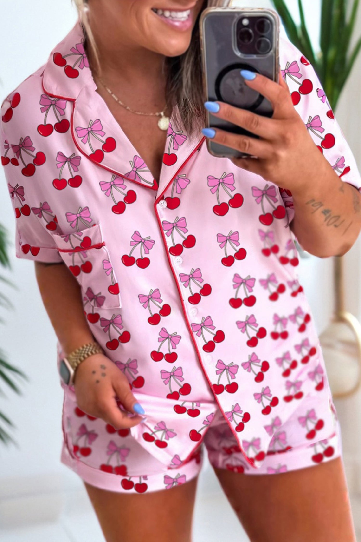 Pink Cherry/Bow Print Short Pajama Set-Loungewear & Sleepwear/Sleepwear-[Adult]-[Female]-Pink-S-2022 Online Blue Zone Planet