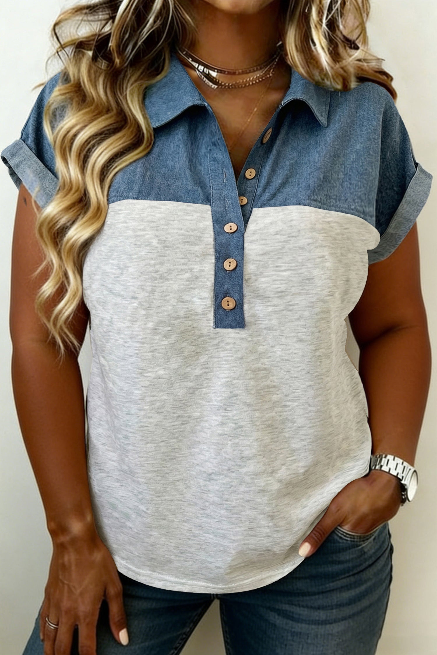 Light Grey Half Buttons Collared Denim Patchwork Plus Short Sleeve Top-Plus Size/Plus Size Tops/Plus Size Blouses & Shirts-[Adult]-[Female]-Light Grey-1X-2022 Online Blue Zone Planet
